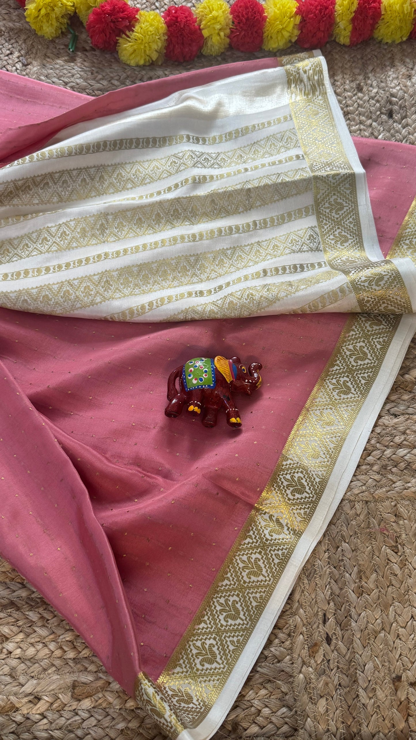 Pure Mysore Silk | Bespoke - Weft Line Mauve n White Saree - Mysuru - 05