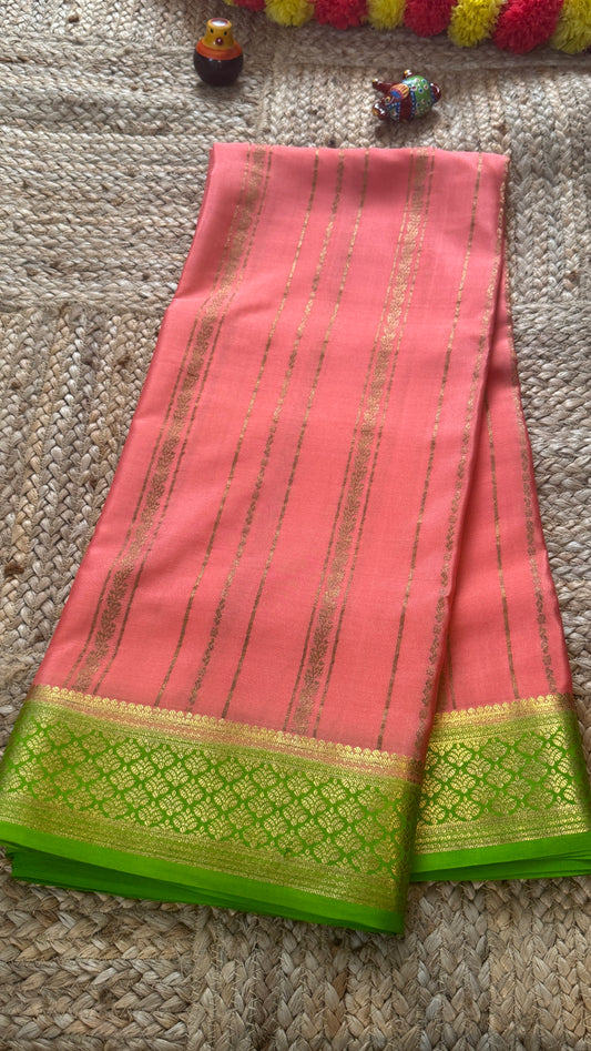 Pure Mysore Silk | Bespoke - Light Orange n Green Saree - Mysuru - 05