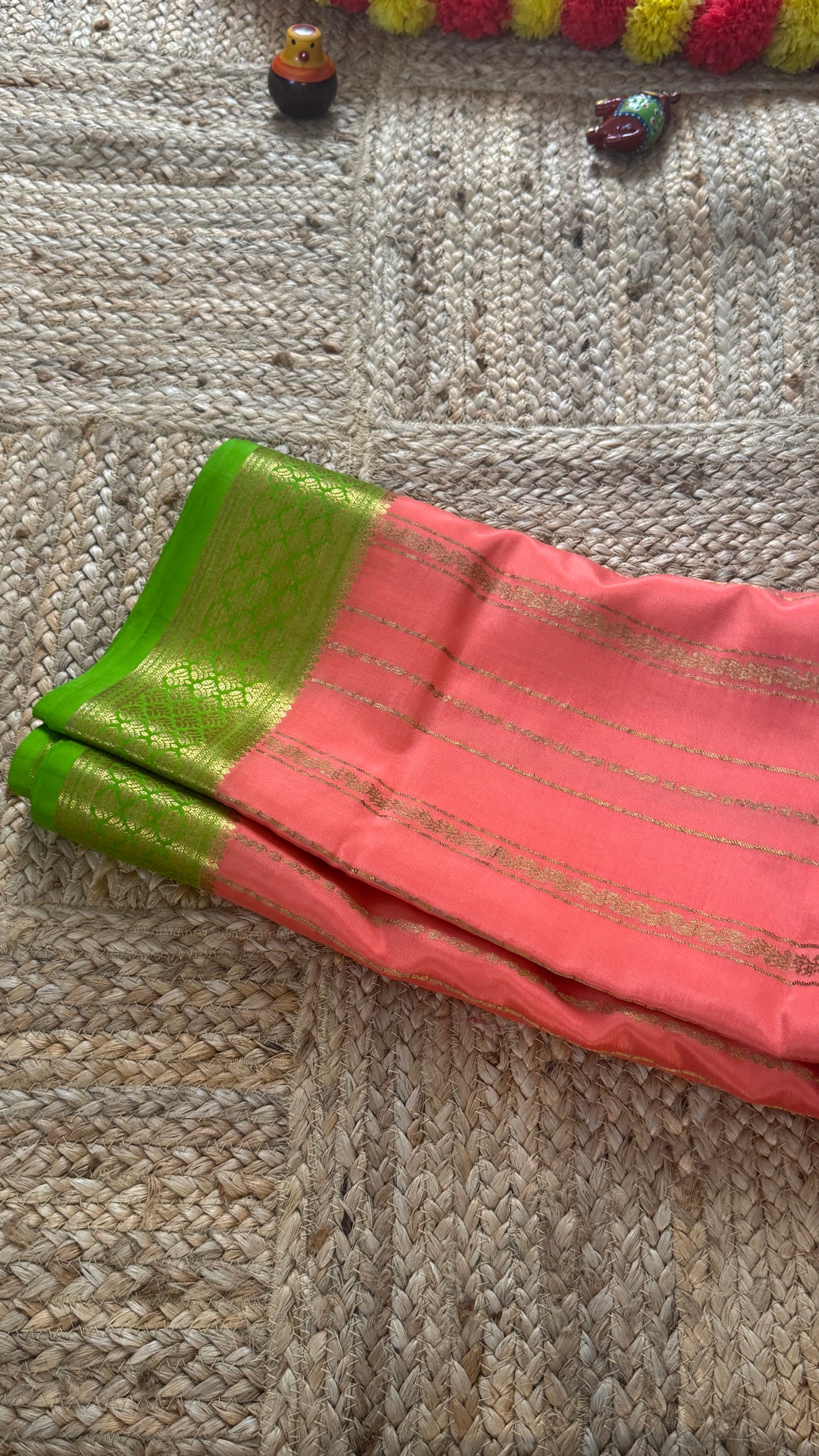 Pure Mysore Silk | Bespoke - Light Orange n Green Saree - Mysuru - 05