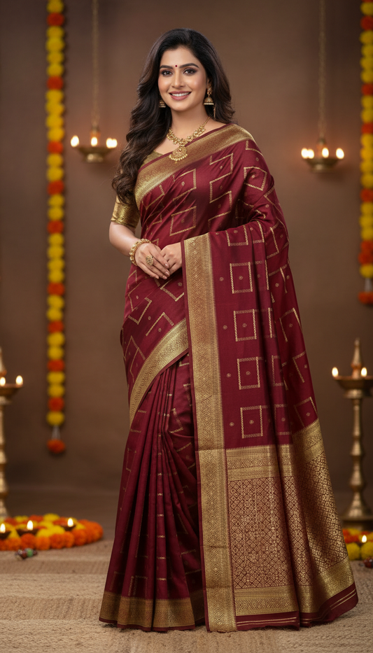 4. Pure Mysore Silk | Bespoke - Step Maroon Saree - Mysuru - 05