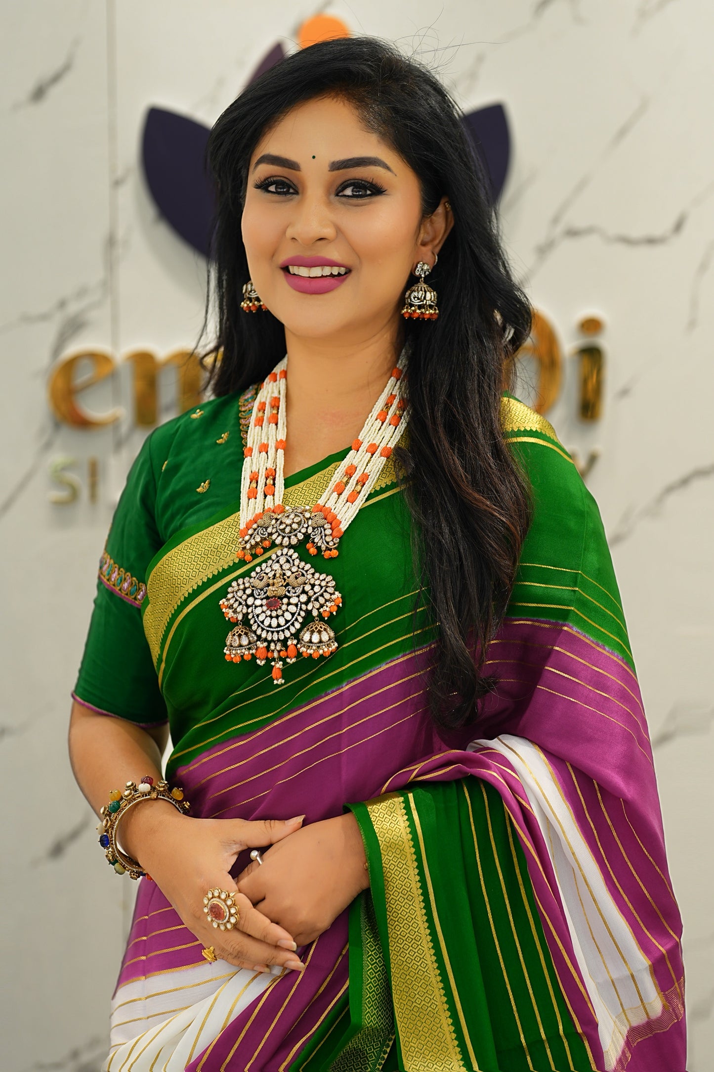 Premium Mysore Silk 3D Saree - White Green Purple