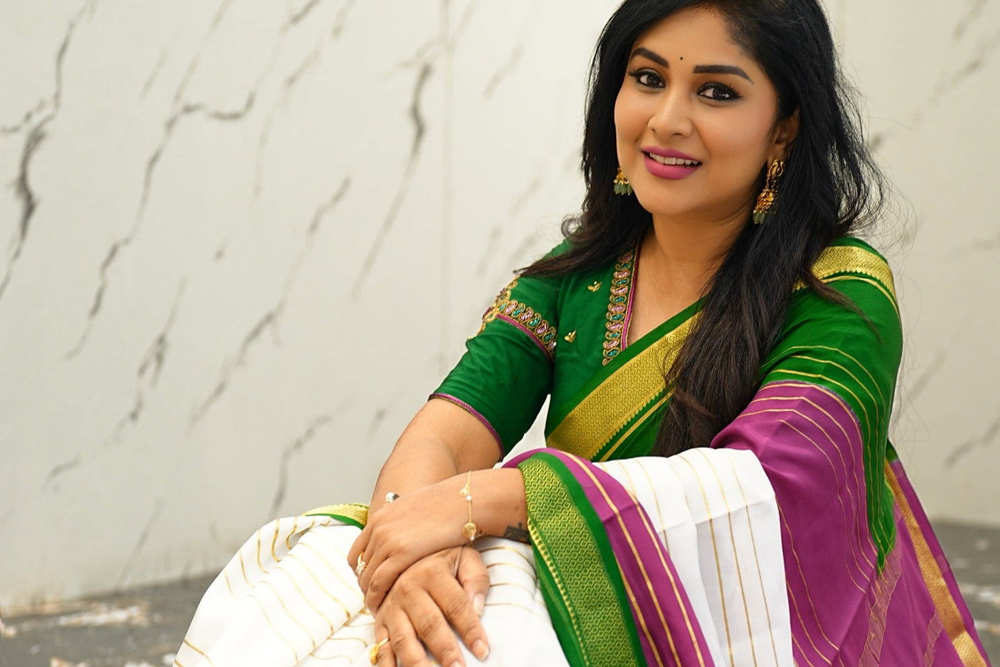 Premium Mysore Silk 3D Saree - White Green Purple