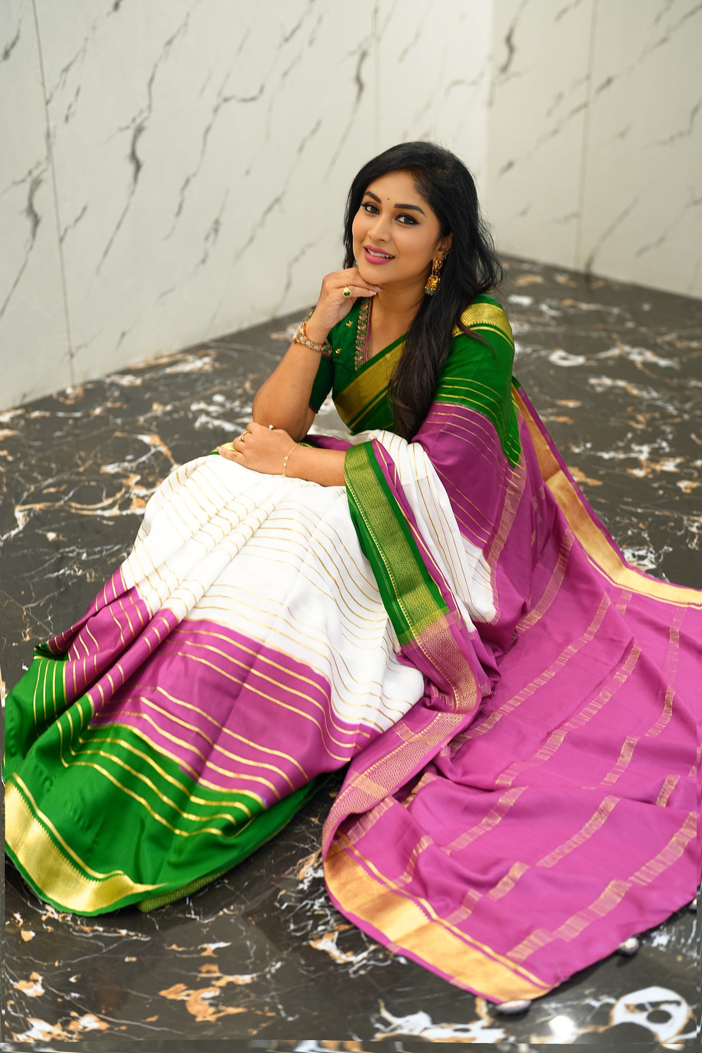 Premium Mysore Silk 3D Saree - White Green Purple