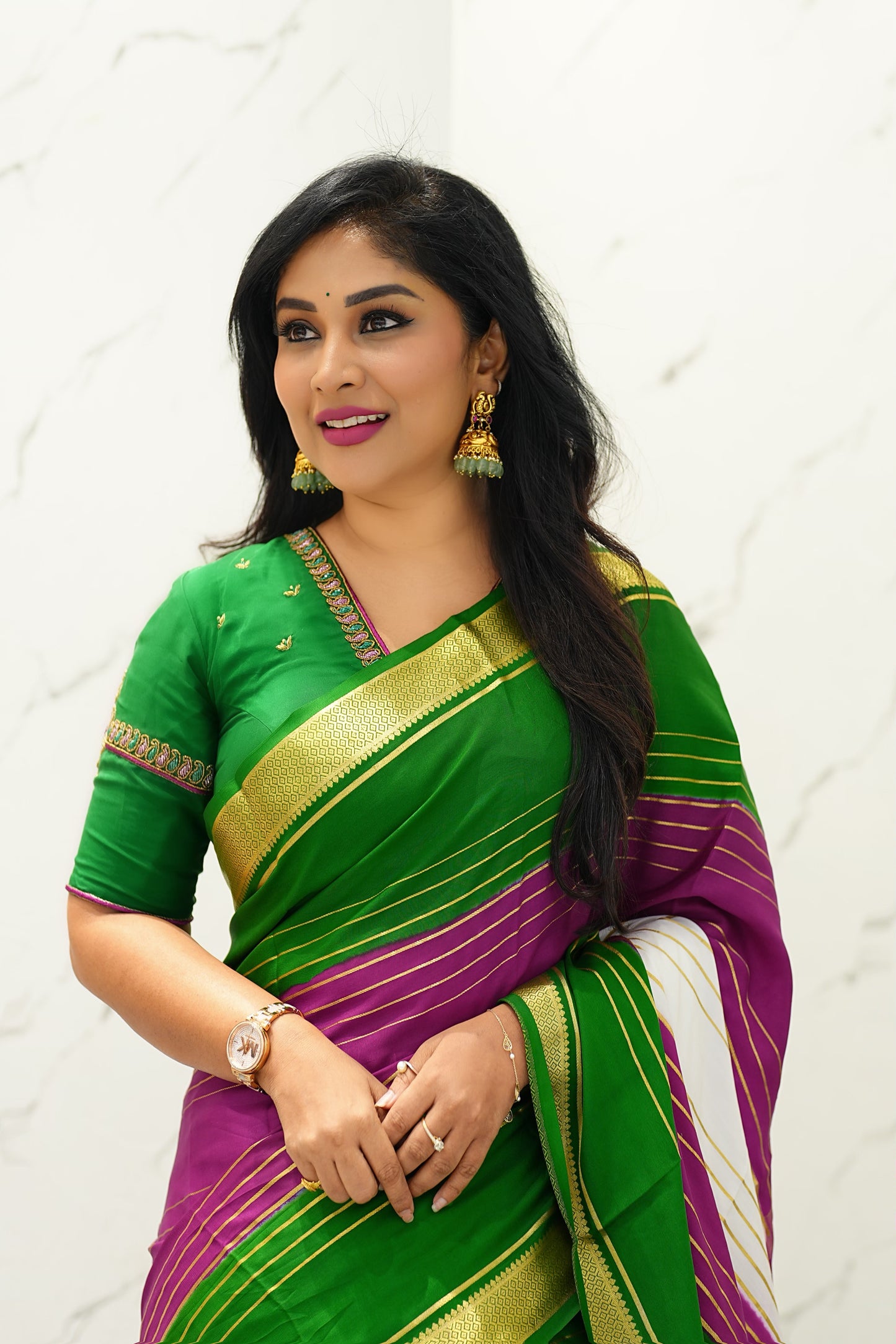 Premium Mysore Silk 3D Saree - White Green Purple