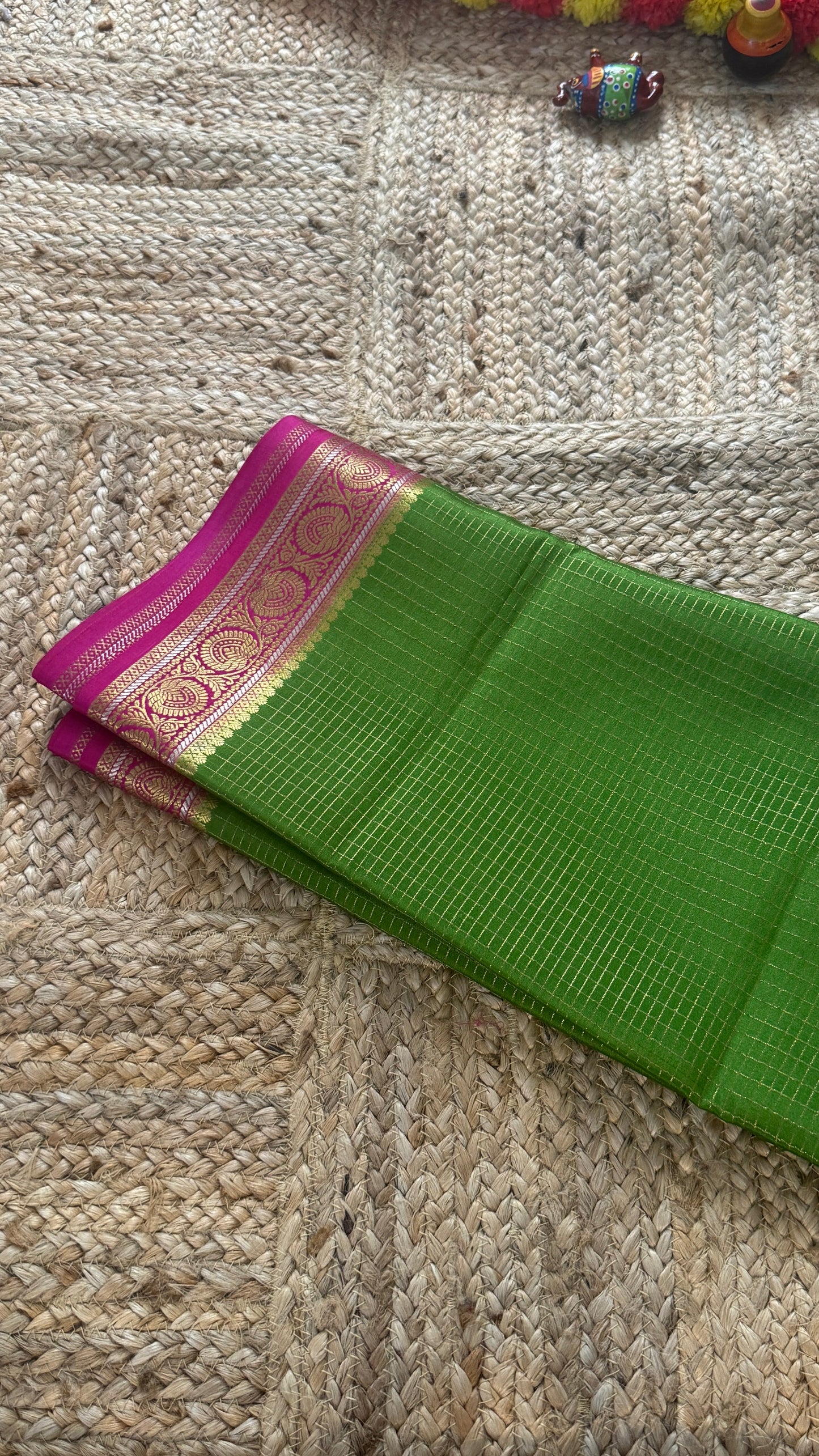 Pure Mysore Silk | Bespoke - Body Checks Green and Pink - Mysuru - 05