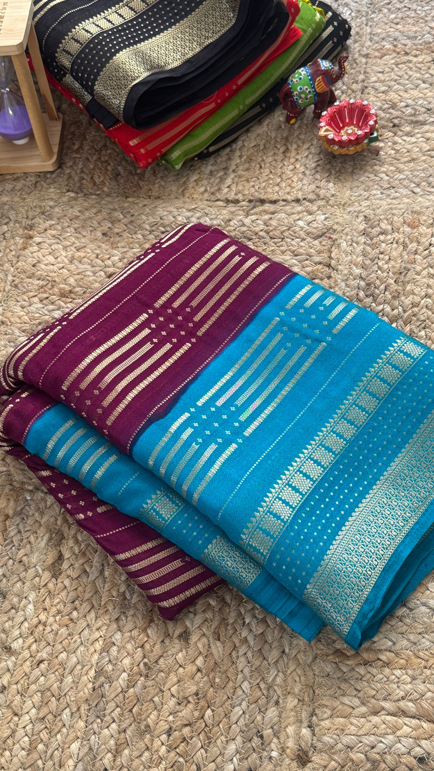 Semi Silk Saree in 2D - Maroon and Blue