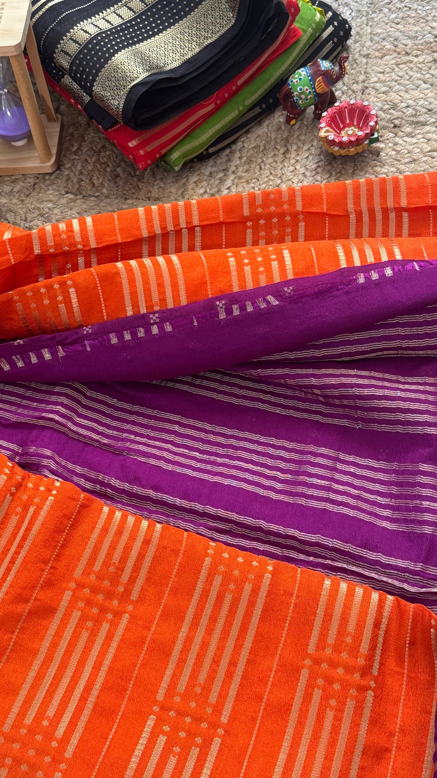 Semi Silk Saree in 2D - Orange and Purple