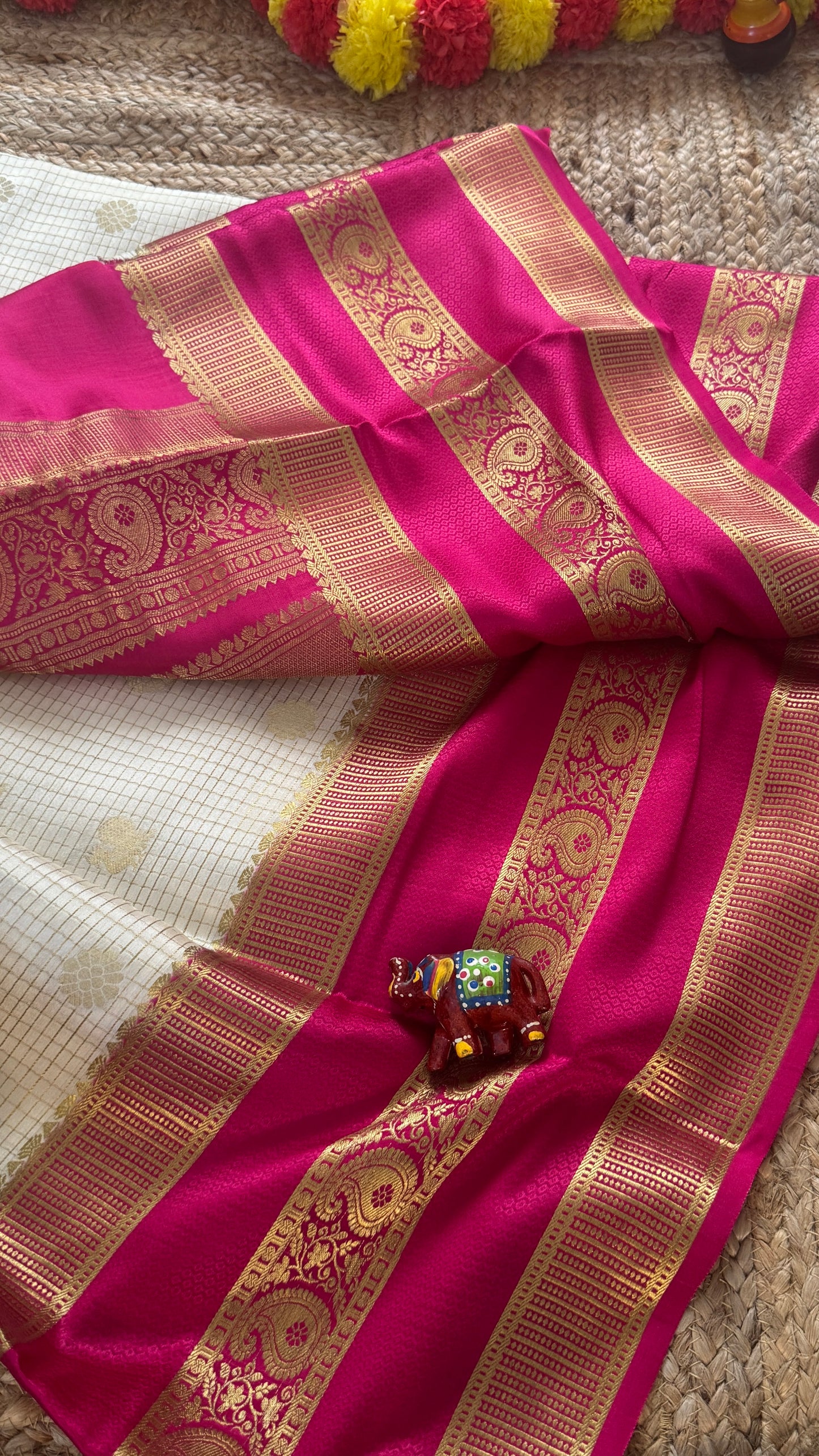 Pure Mysore Silk | Bespoke - Gap Weft White n Pink - Mysuru - 05