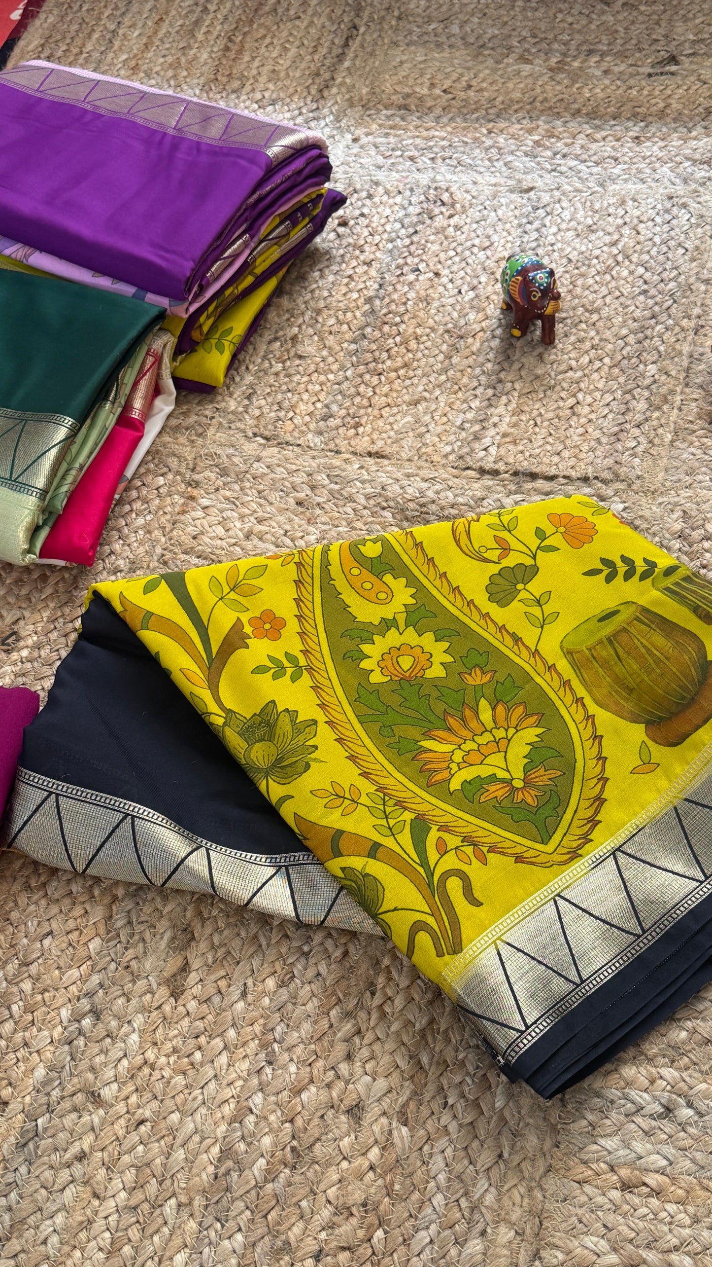 Kalamakari Black & Yellow Silk Saree