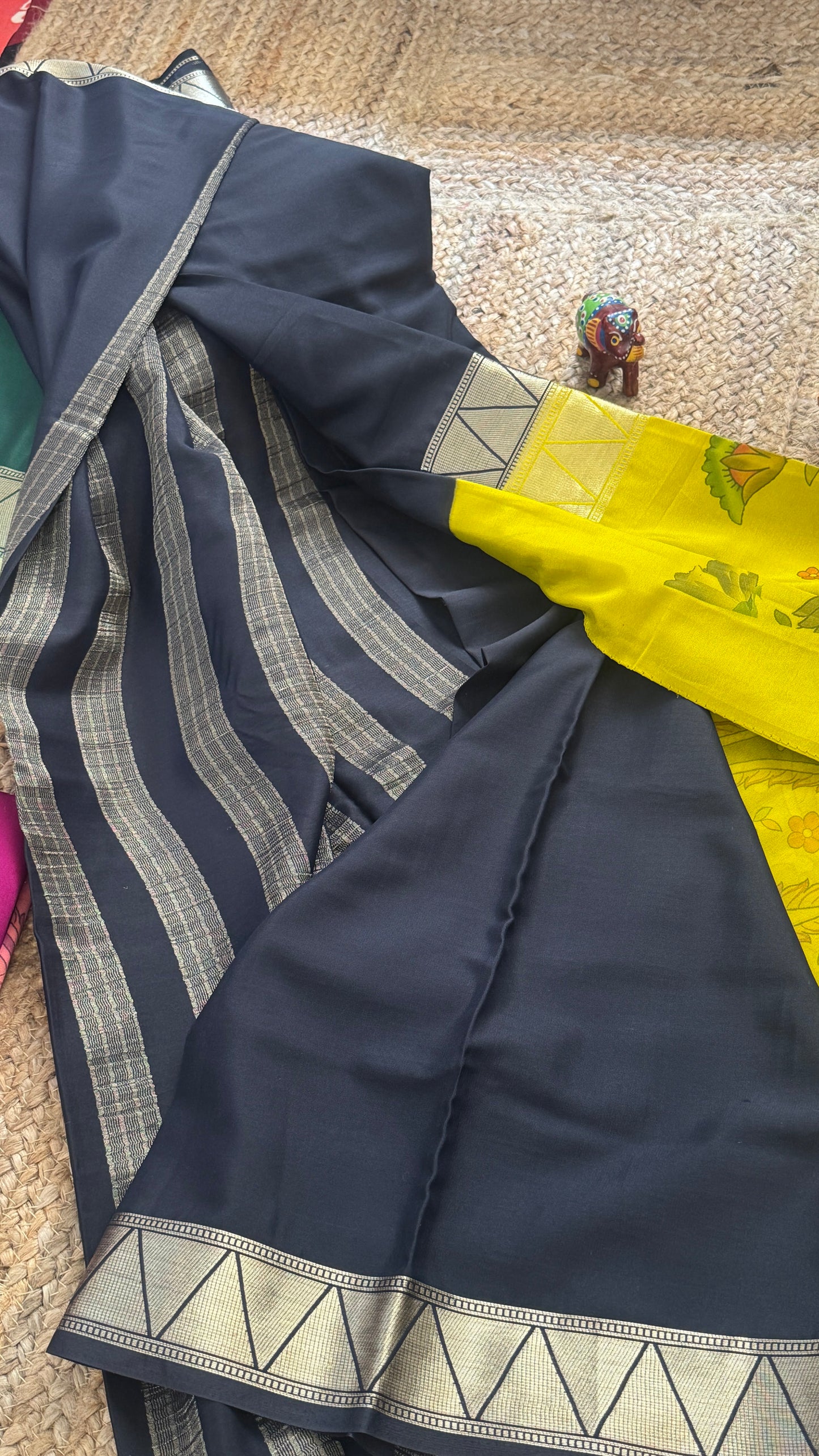 Kalamakari Black & Yellow Silk Saree