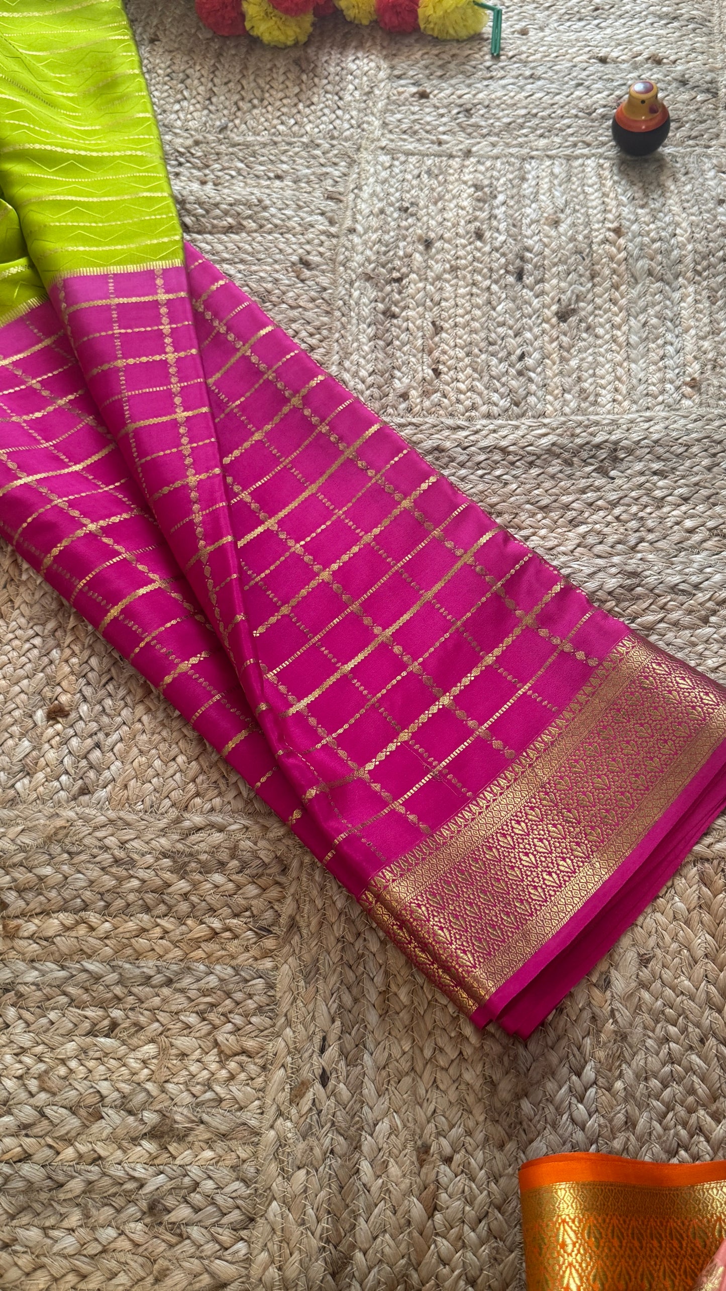 Pure Mysore Silk | Bespoke - HnH Checks Green n Pink - Mysuru - 05