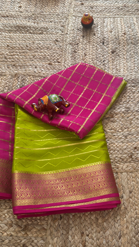 Pure Mysore Silk | Bespoke - HnH Checks Green n Pink - Mysuru - 05