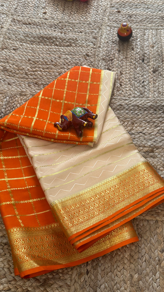 Pure Mysore Silk | Bespoke - HnH Checks Cream n Orange - Mysuru - 05