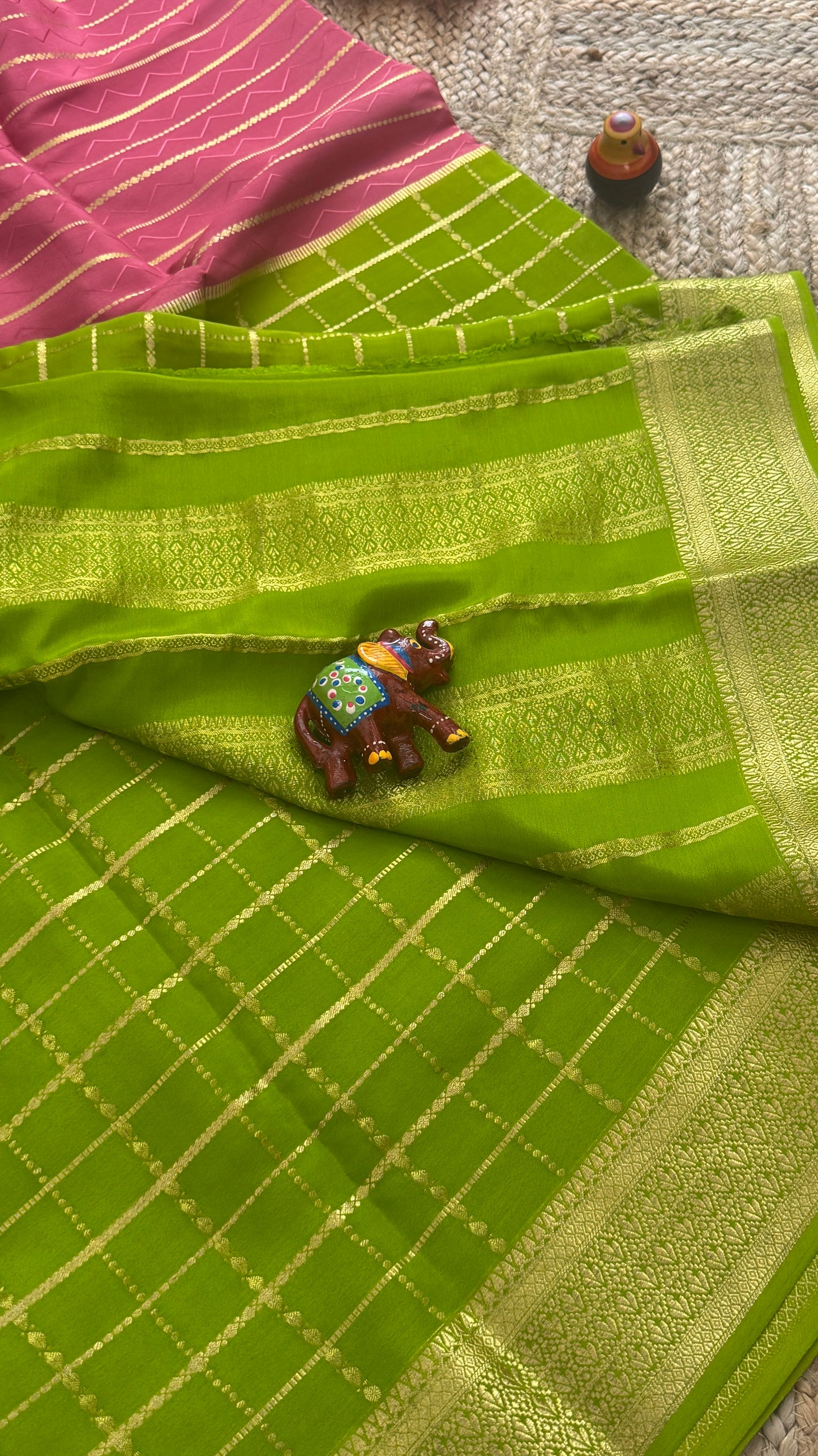 Pure Mysore Silk | Bespoke - HnH Checks Pink n Green - Mysuru - 05