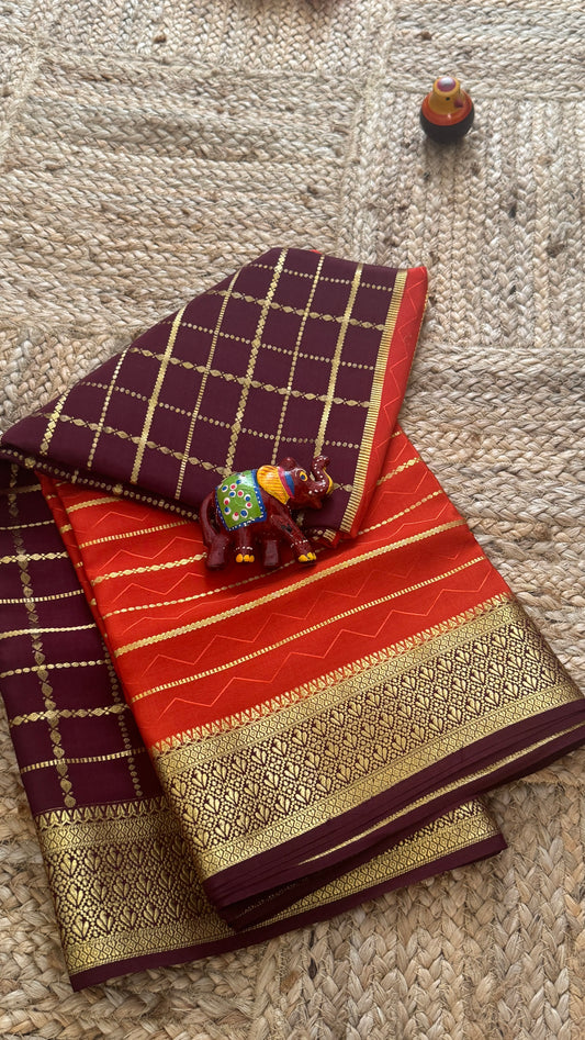 Pure Mysore Silk | Bespoke - HnH Checks Orange n Brown - Mysuru - 05