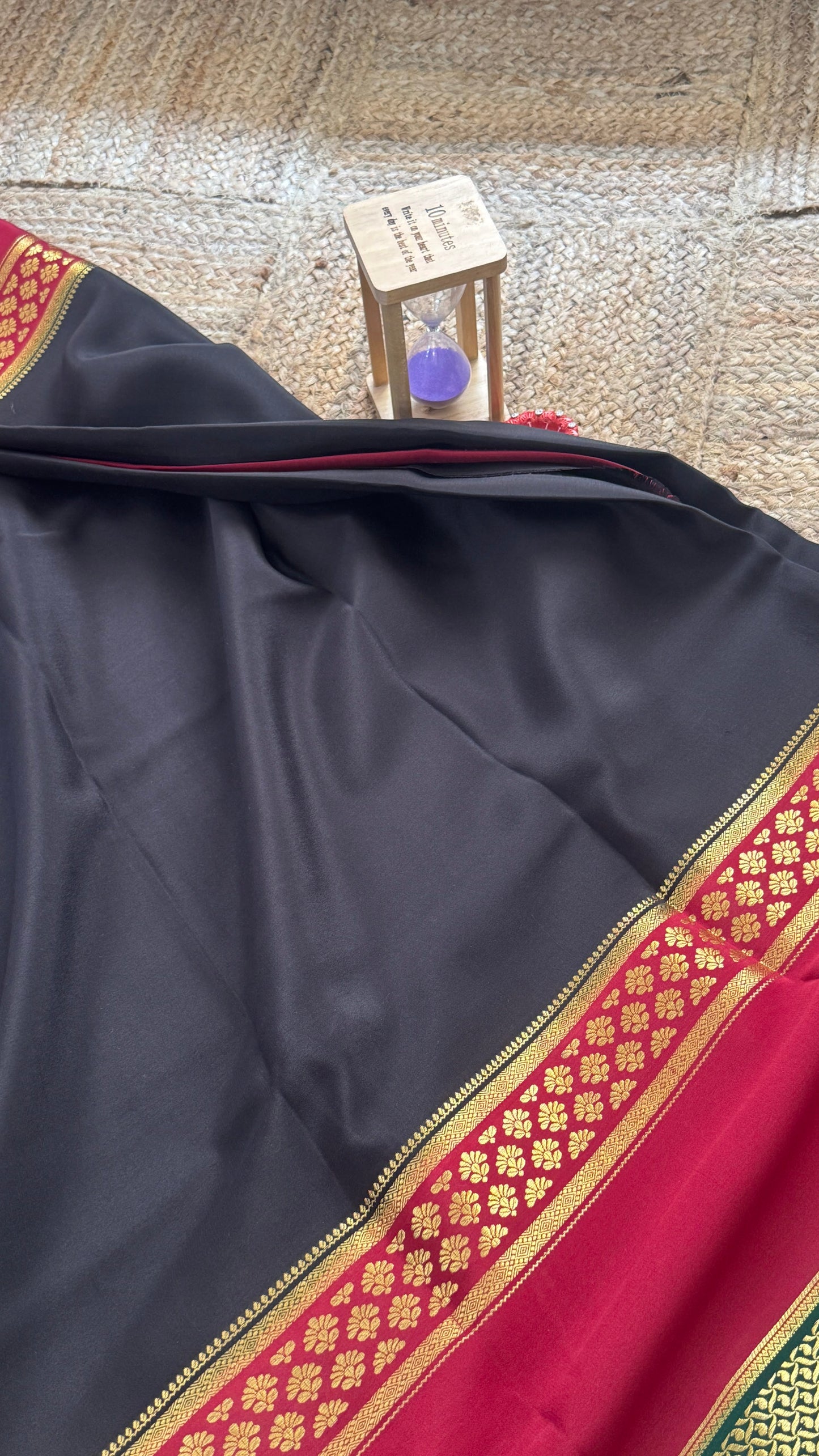 Pure Mysore Silk Saree - Bentex 3D Black with Maroon Boarder