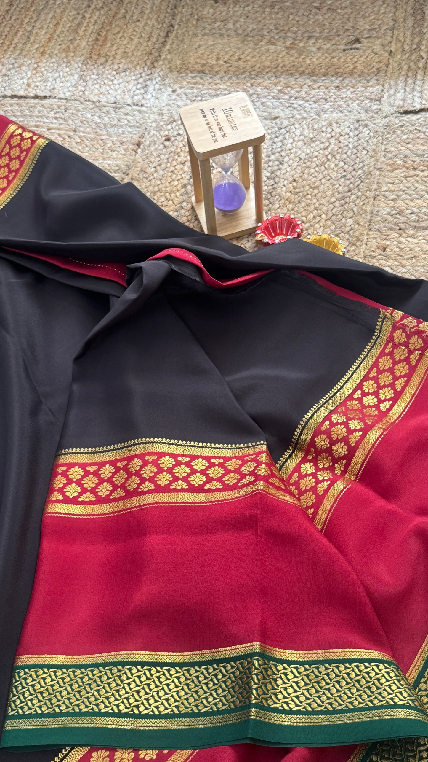 Pure Mysore Silk Saree - Bentex 3D Black with Maroon Boarder