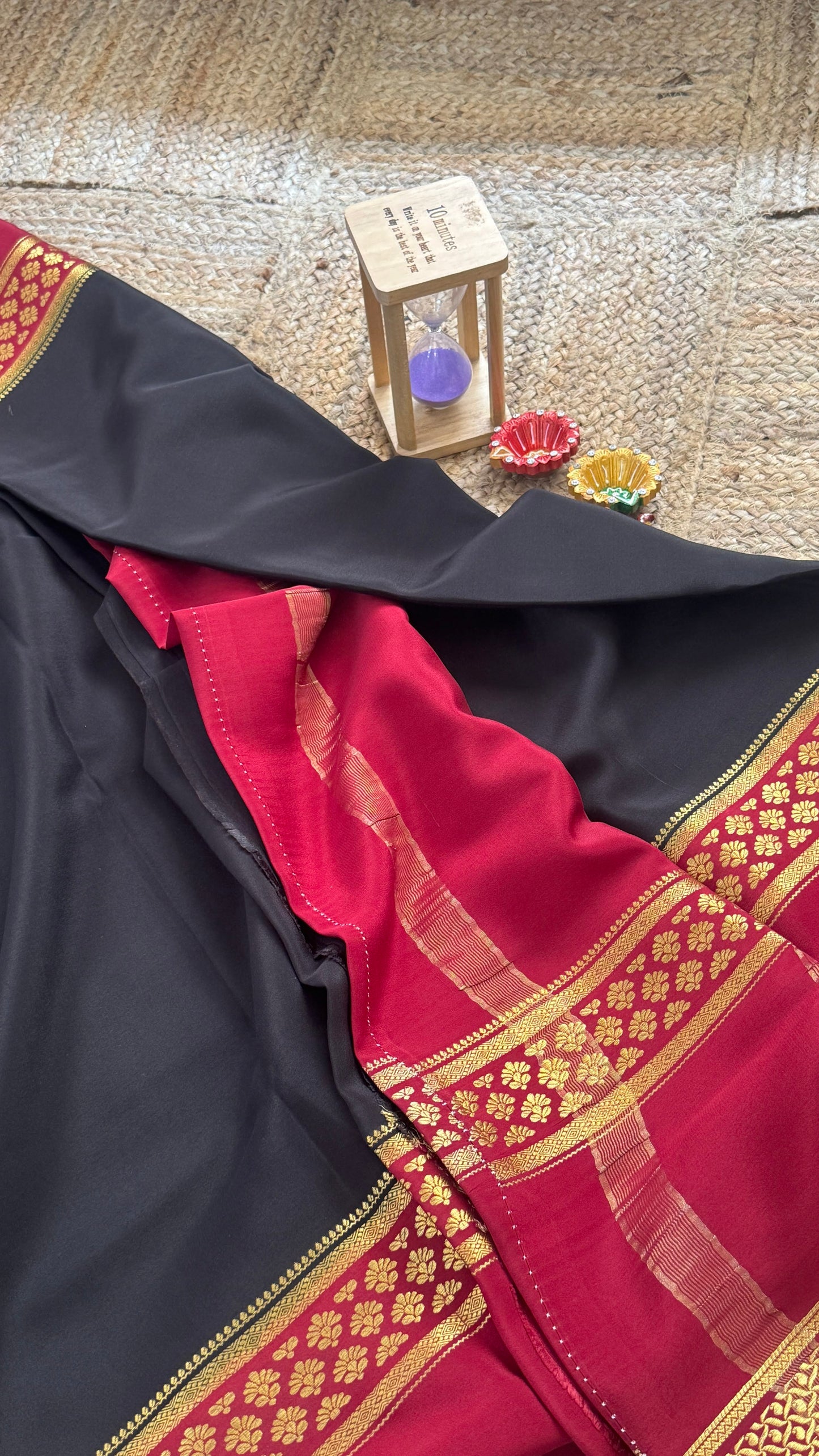 Pure Mysore Silk Saree - Bentex 3D Black with Maroon Boarder
