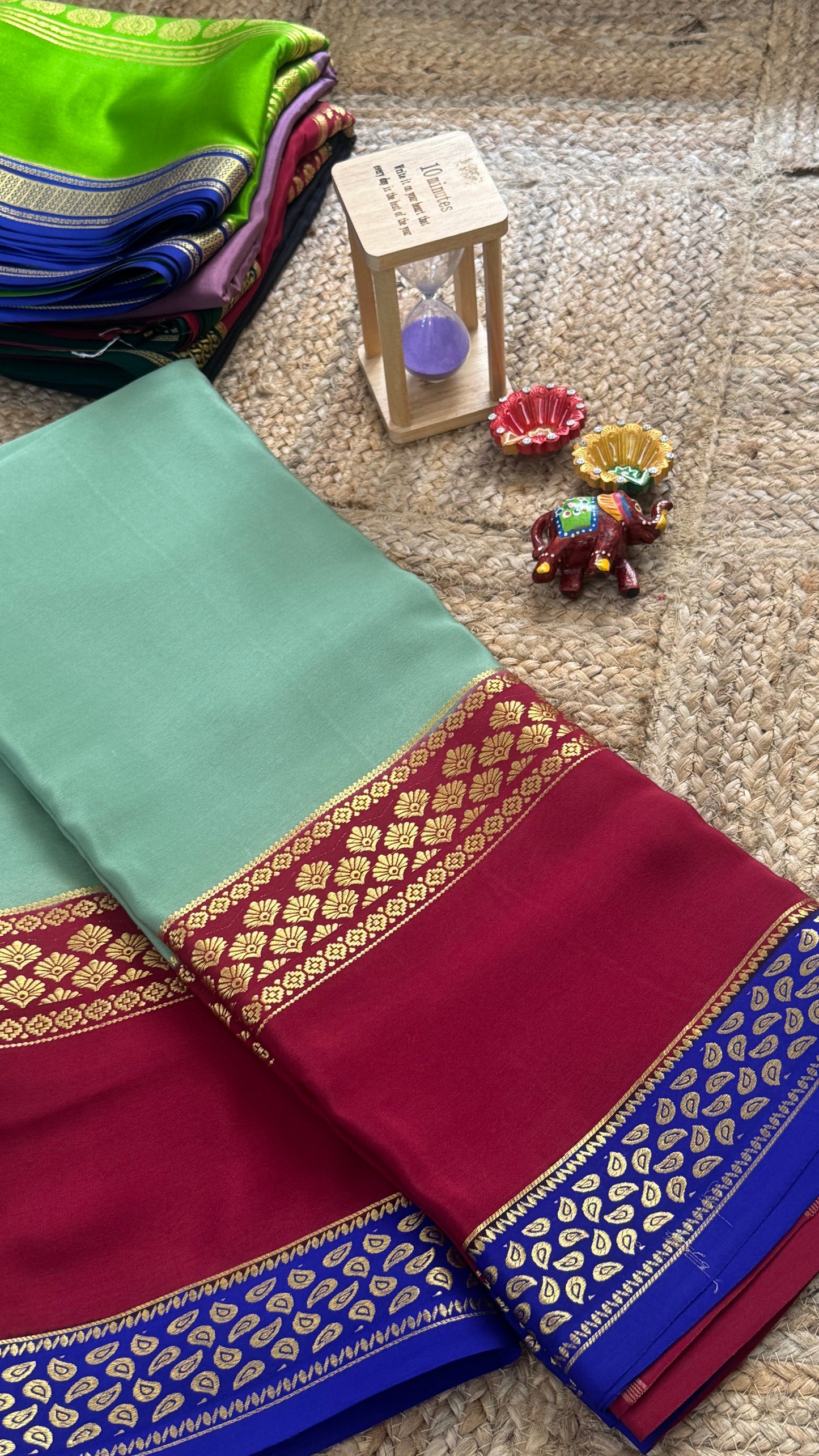 Pure Mysore Silk Saree - Bentex 3D Turquoise Red Blue
