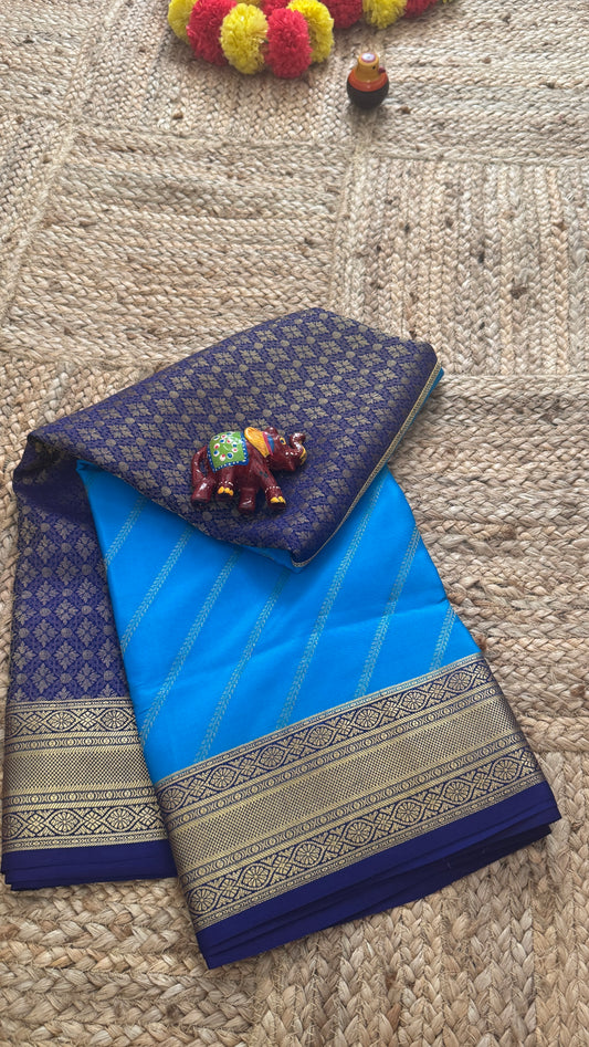 Pure Mysore Silk | Bespoke - HnH Brocade Blue n Sky Blue - Mysuru - 05