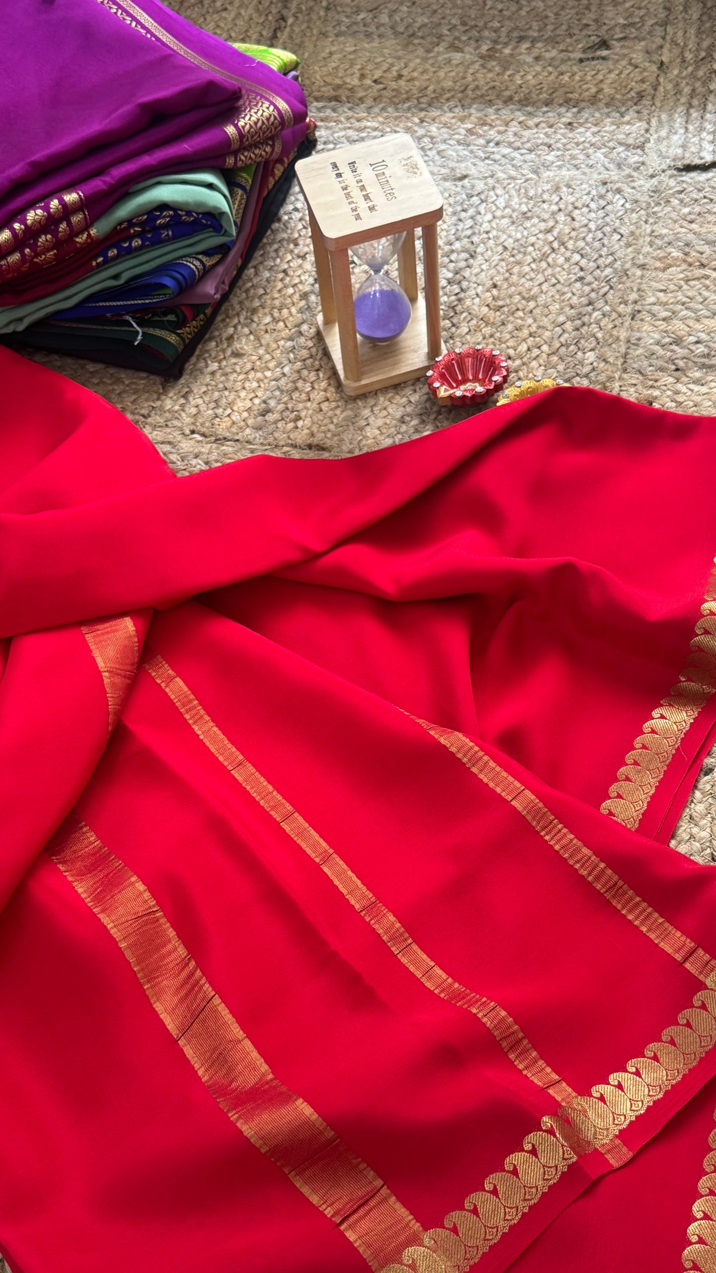 Pure Mysore Silk Saree - Mango Boarder Red
