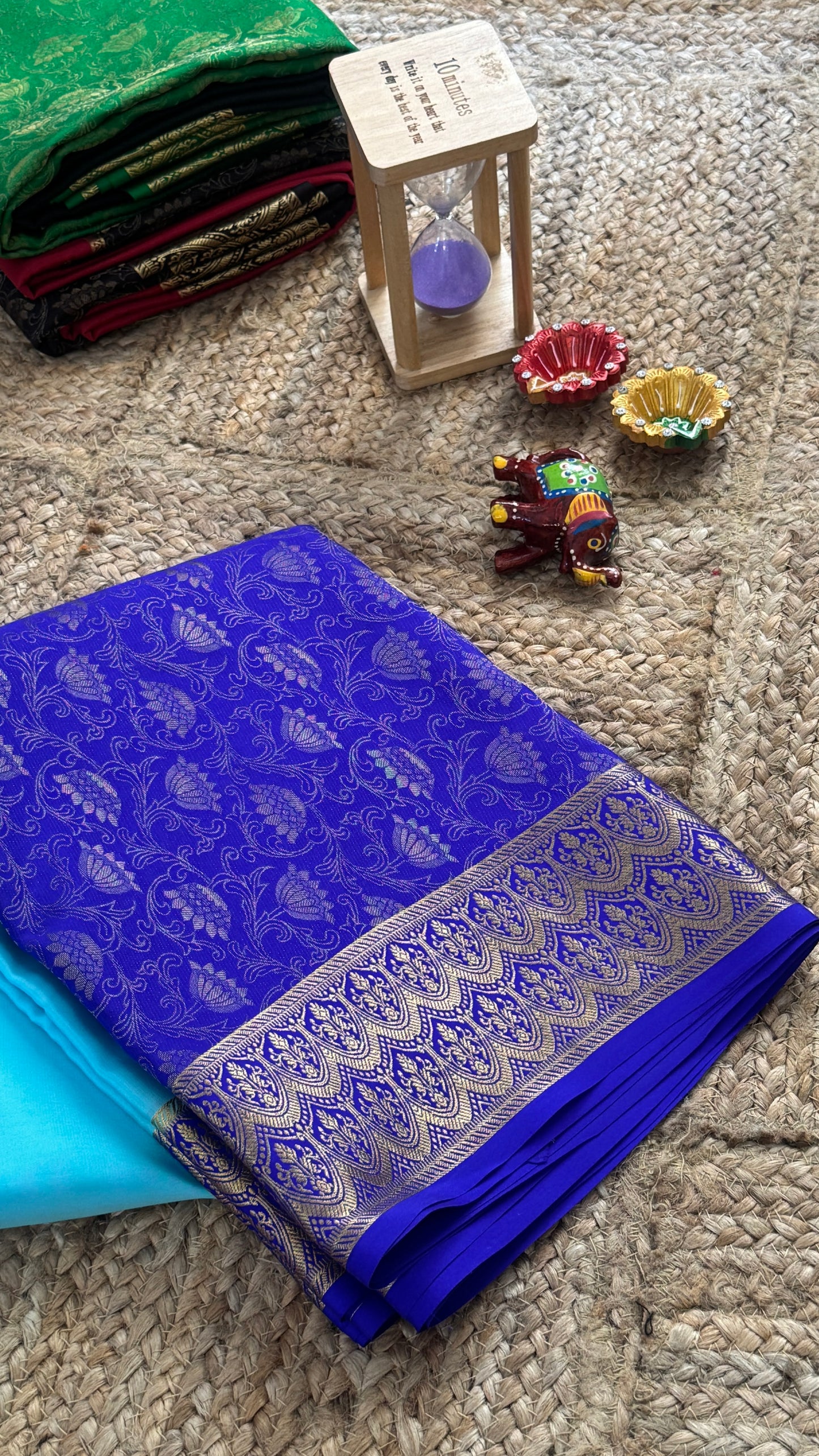 Pure Mysore Silk Saree - Half and Half Brocade -Blue and Royal Blue