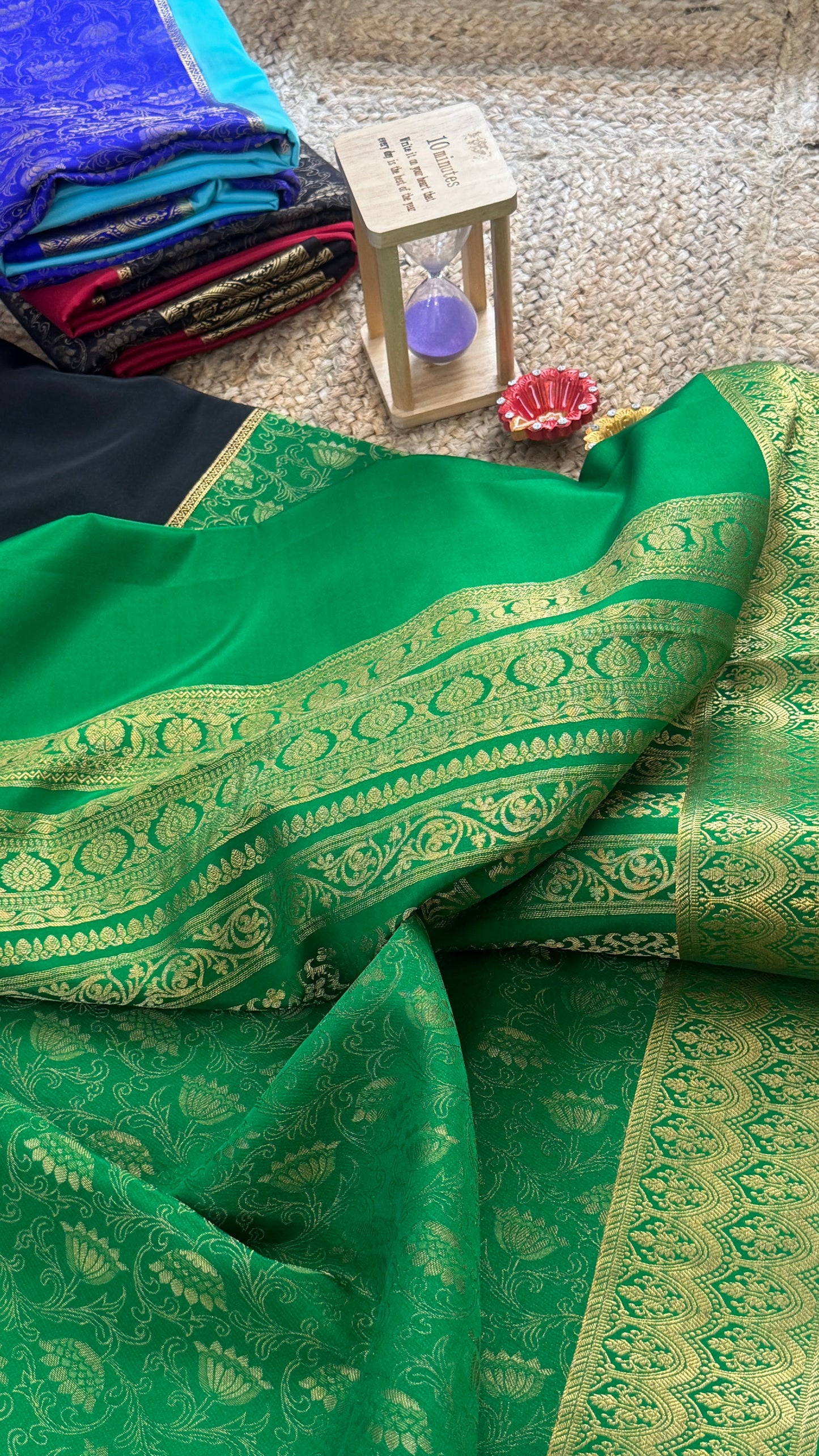 Pure Mysore Silk Saree - Half and Half Brocade - Green & Black