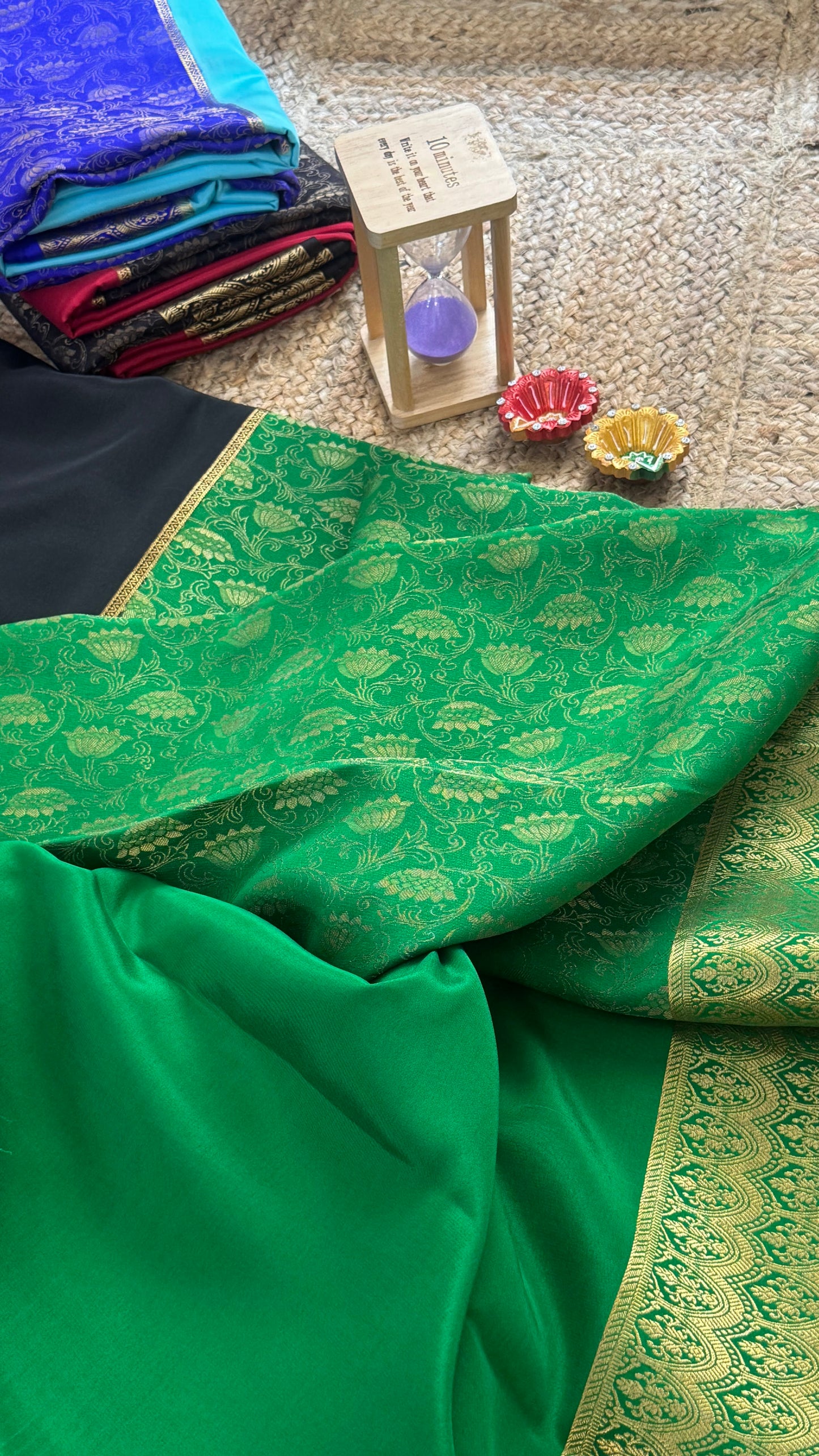 Pure Mysore Silk Saree - Half and Half Brocade - Green & Black