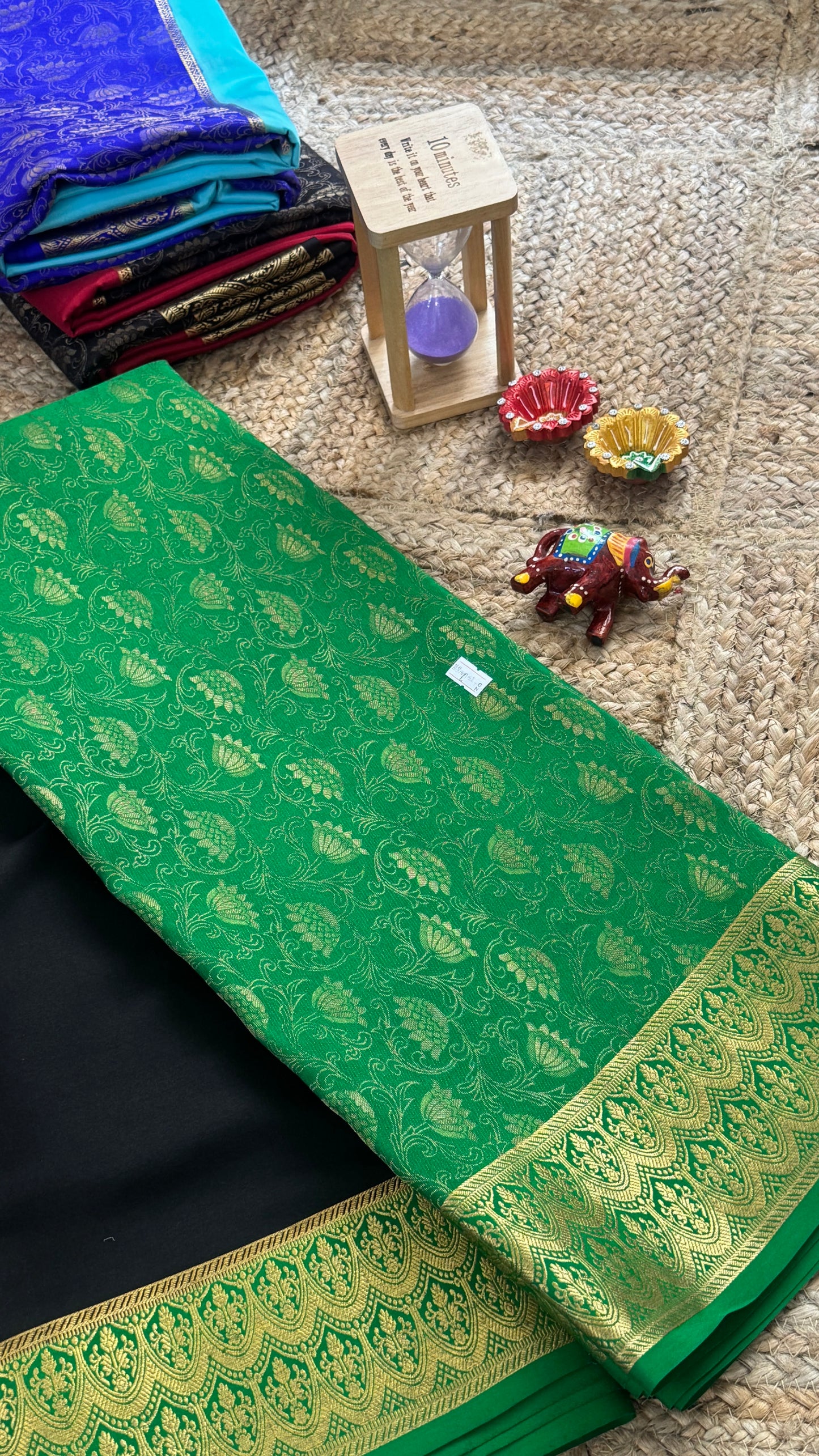 Pure Mysore Silk Saree - Half and Half Brocade - Green & Black