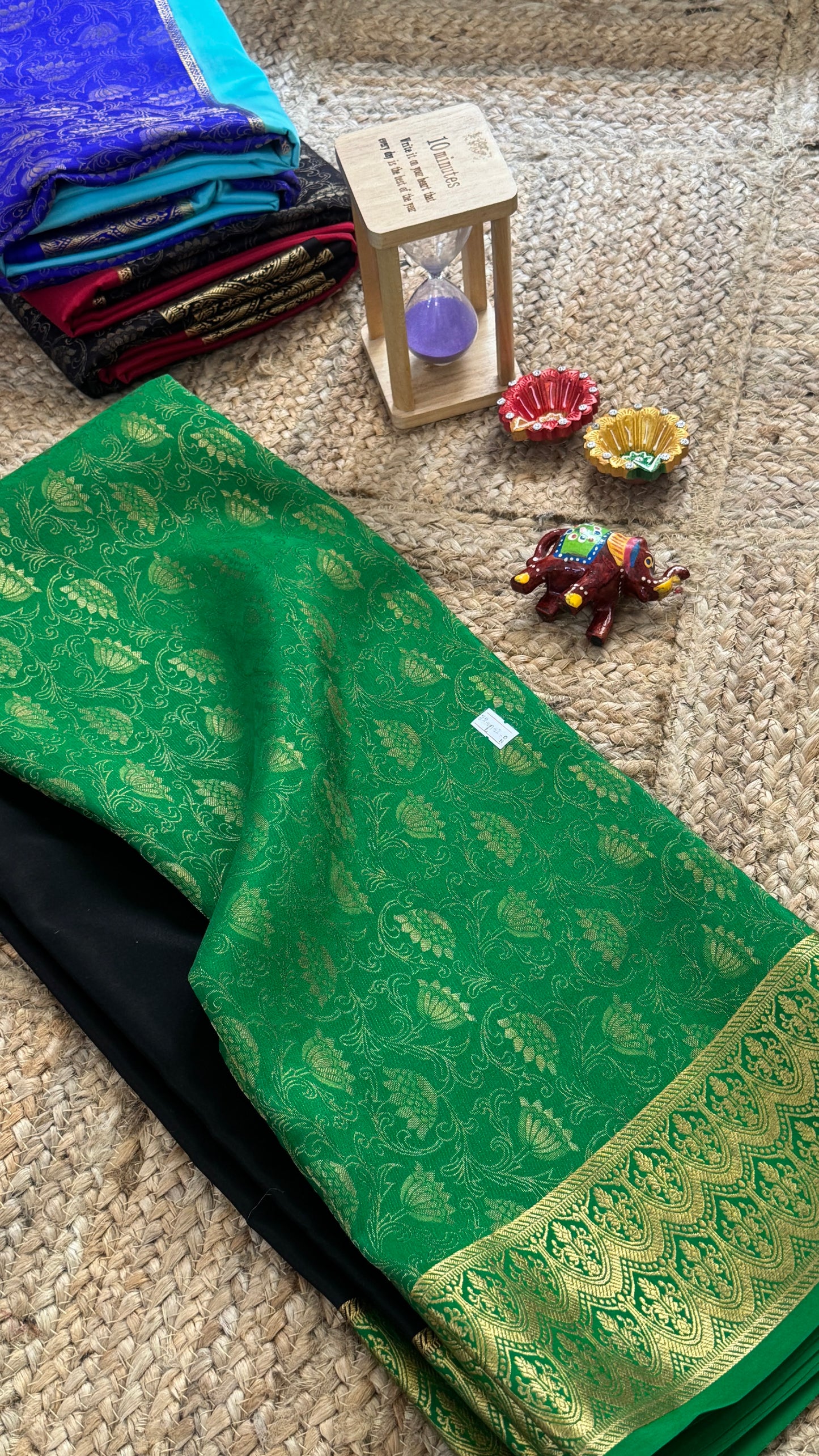Pure Mysore Silk Saree - Half and Half Brocade - Green & Black