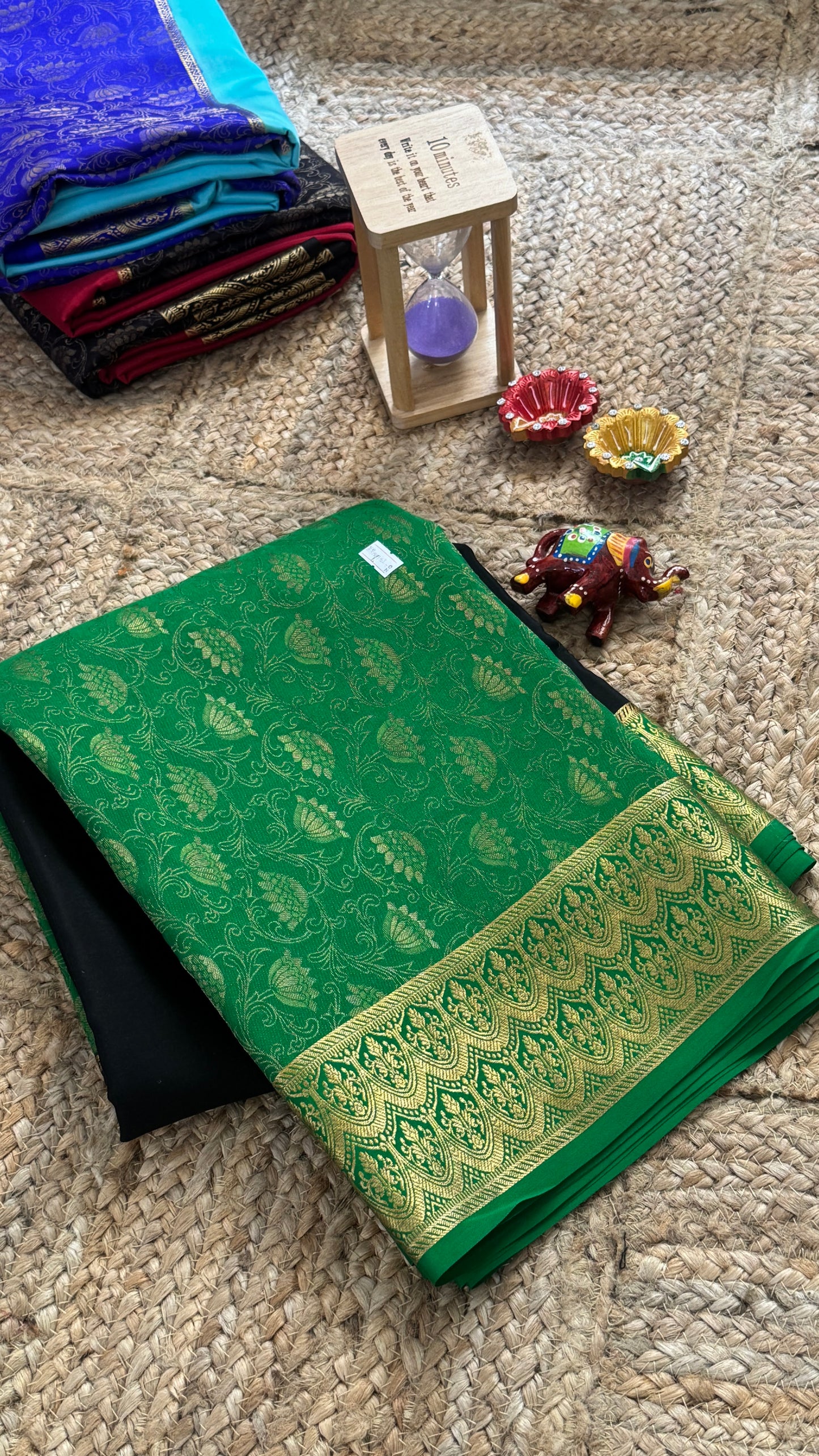 Pure Mysore Silk Saree - Half and Half Brocade - Green & Black