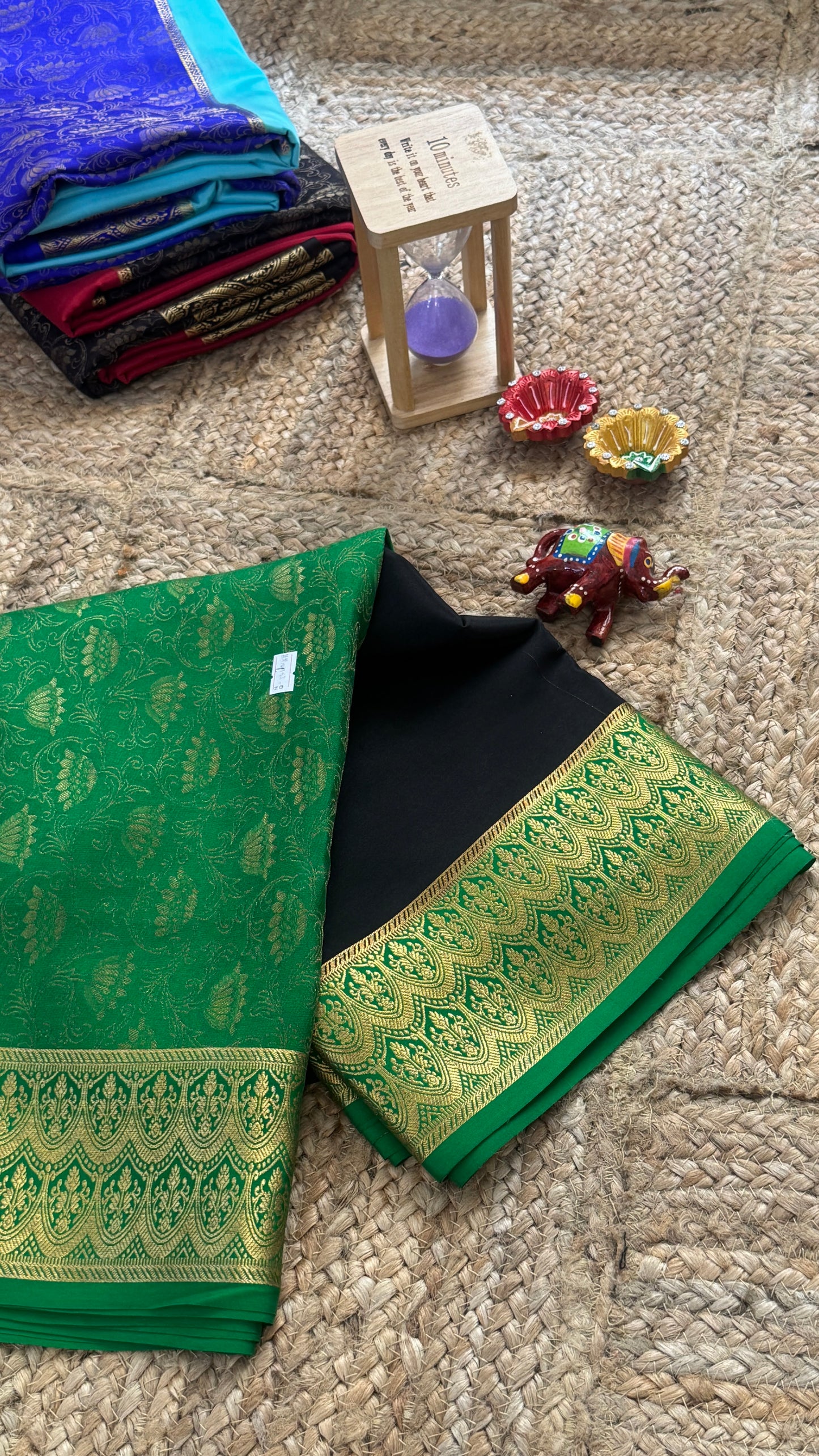 Pure Mysore Silk Saree - Half and Half Brocade - Green & Black