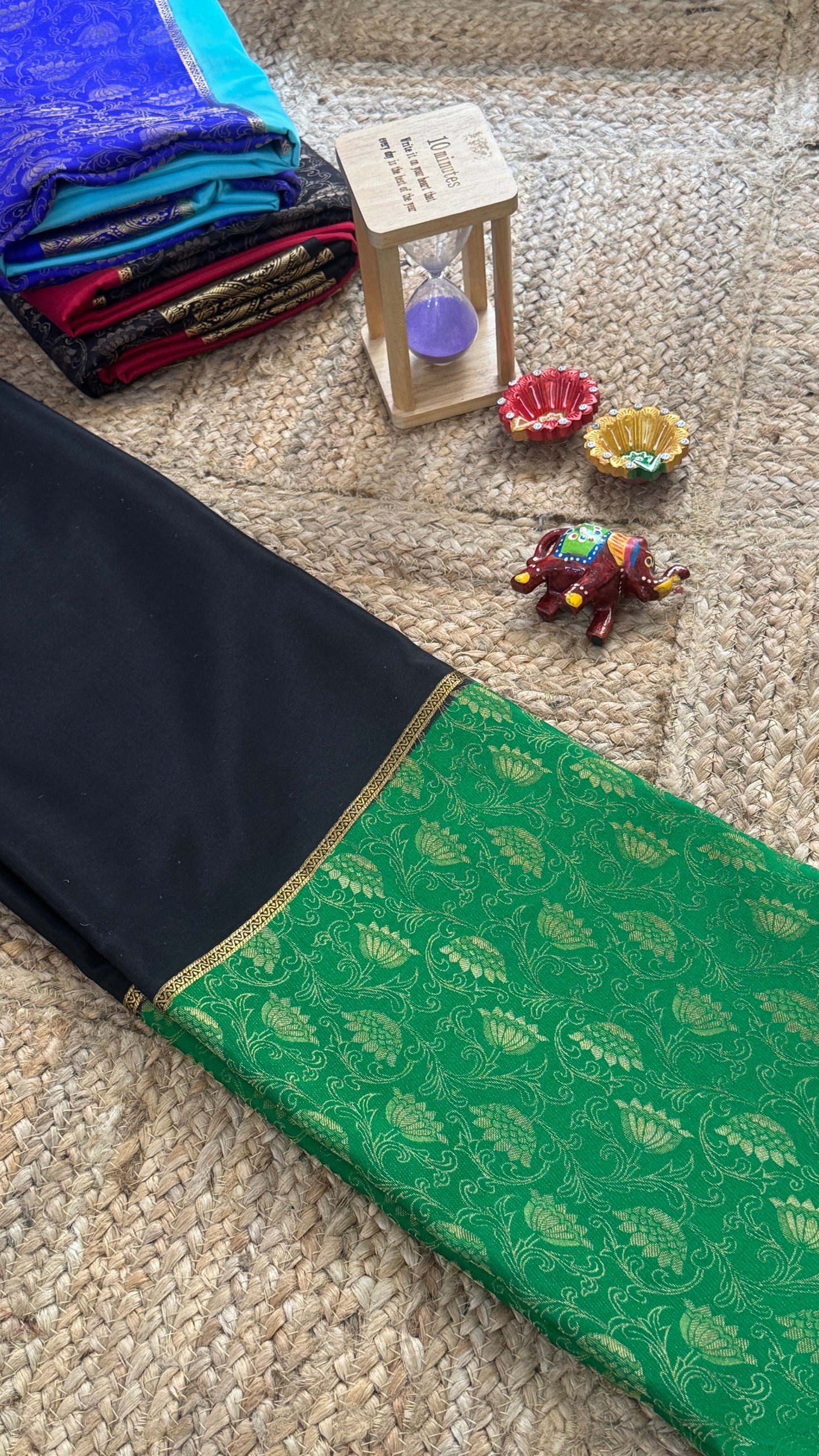 Pure Mysore Silk Saree - Half and Half Brocade - Green & Black