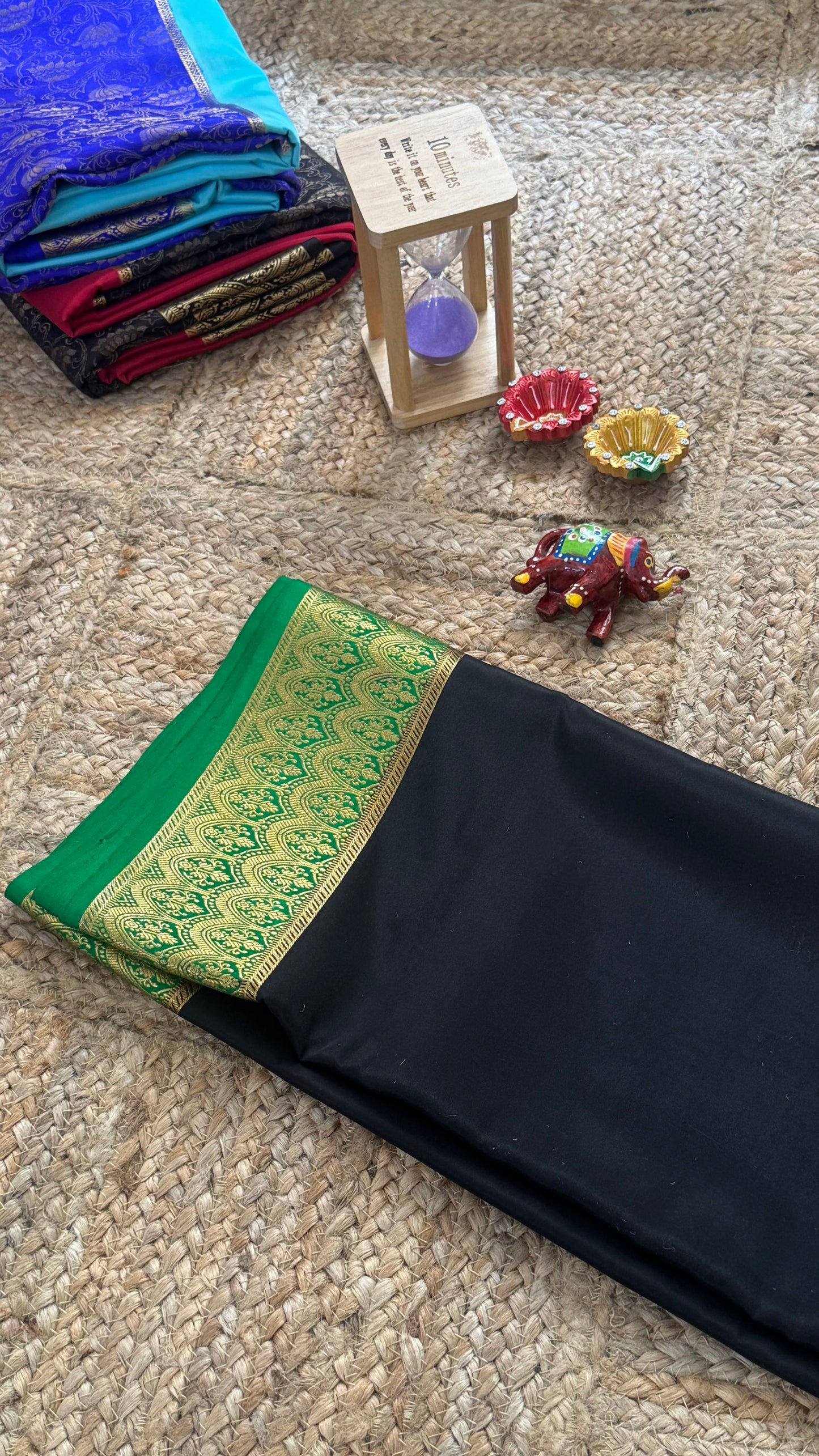 Pure Mysore Silk Saree - Half and Half Brocade - Green & Black