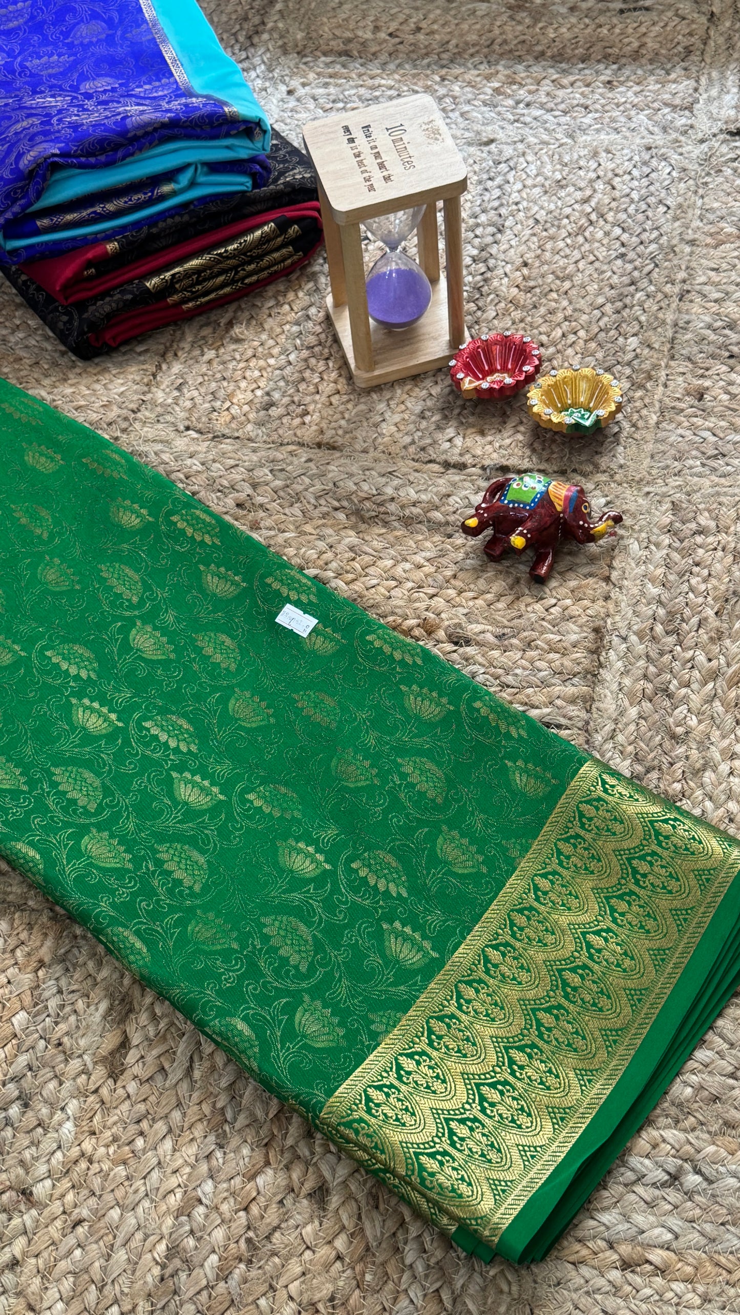 Pure Mysore Silk Saree - Half and Half Brocade - Green & Black