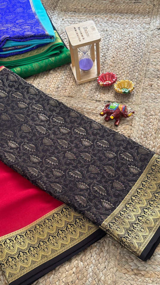 Pure Mysore Silk Saree - Half and Half Brocade - Red and Black