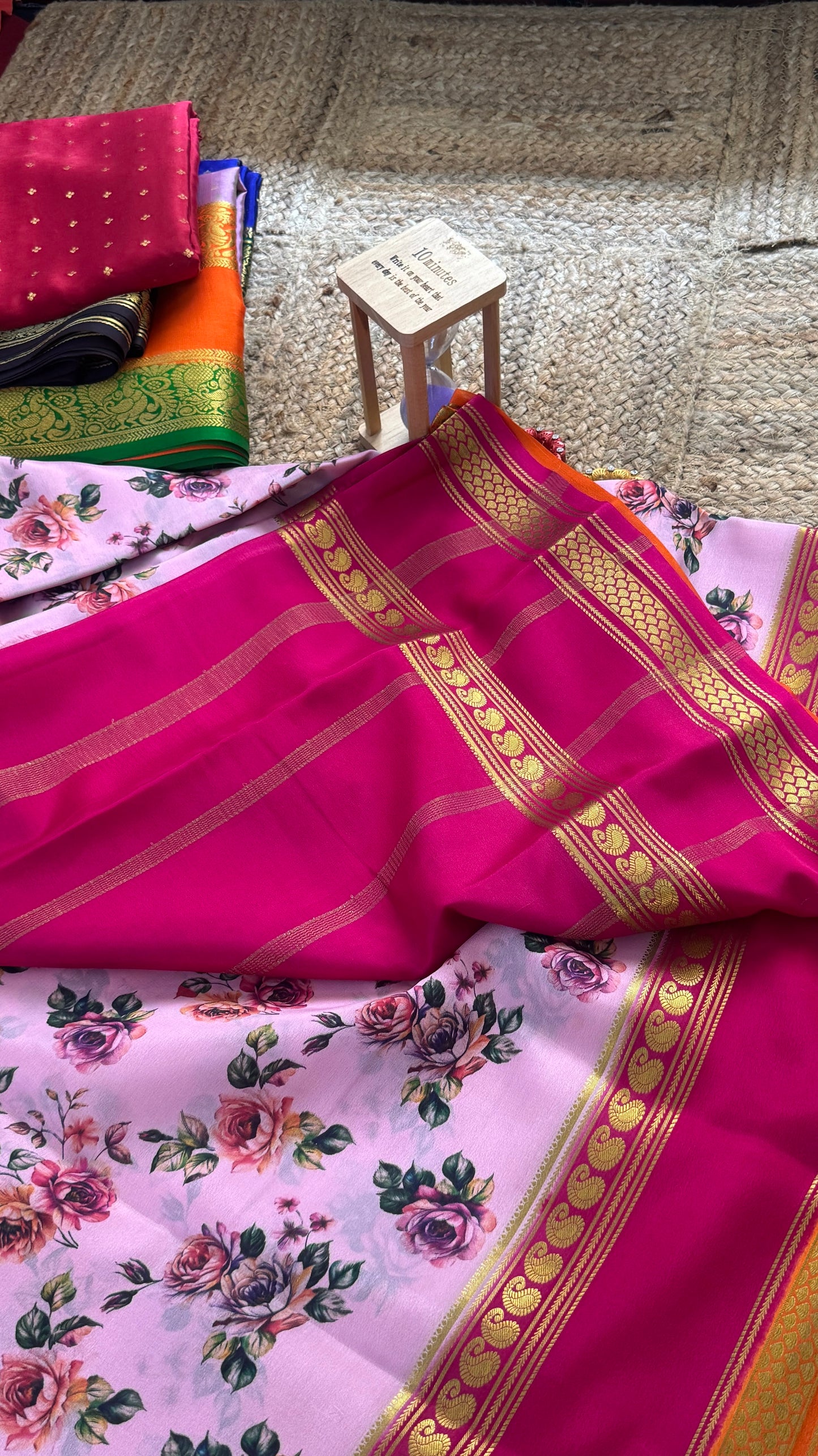 Pure Mysore Silk Saree - Piping Bentex Printed - Pink