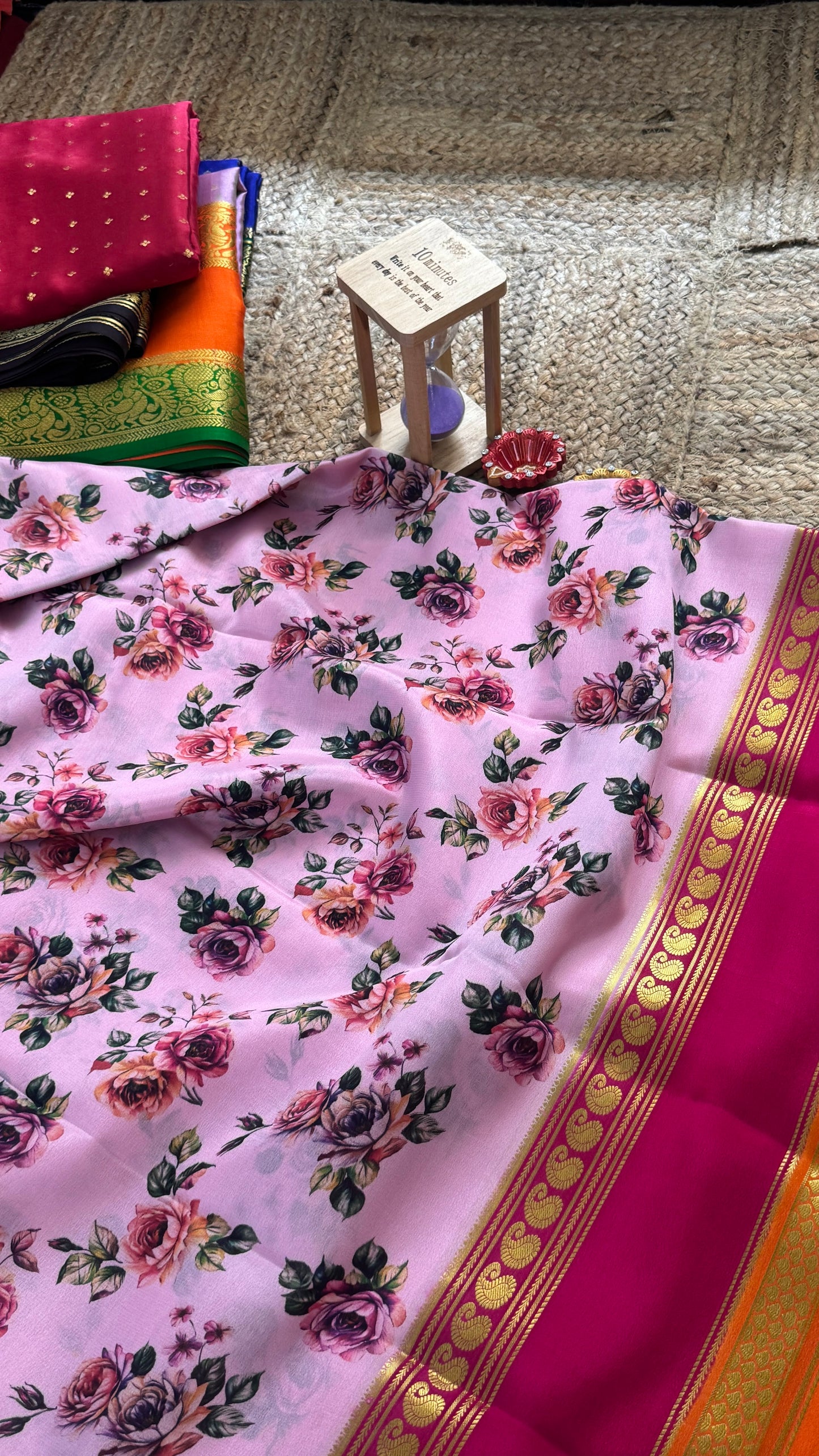 Pure Mysore Silk Saree - Piping Bentex Printed - Pink