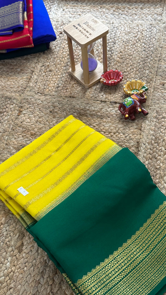 Pure Mysore Silk Saree - Center Stripes - Green and Yellow