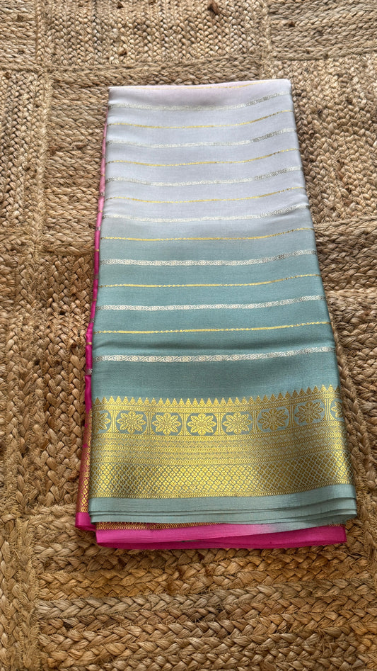 Pure Mysore Silk Sarees - Bespoke Brush Dyeing - Pink and Teal
