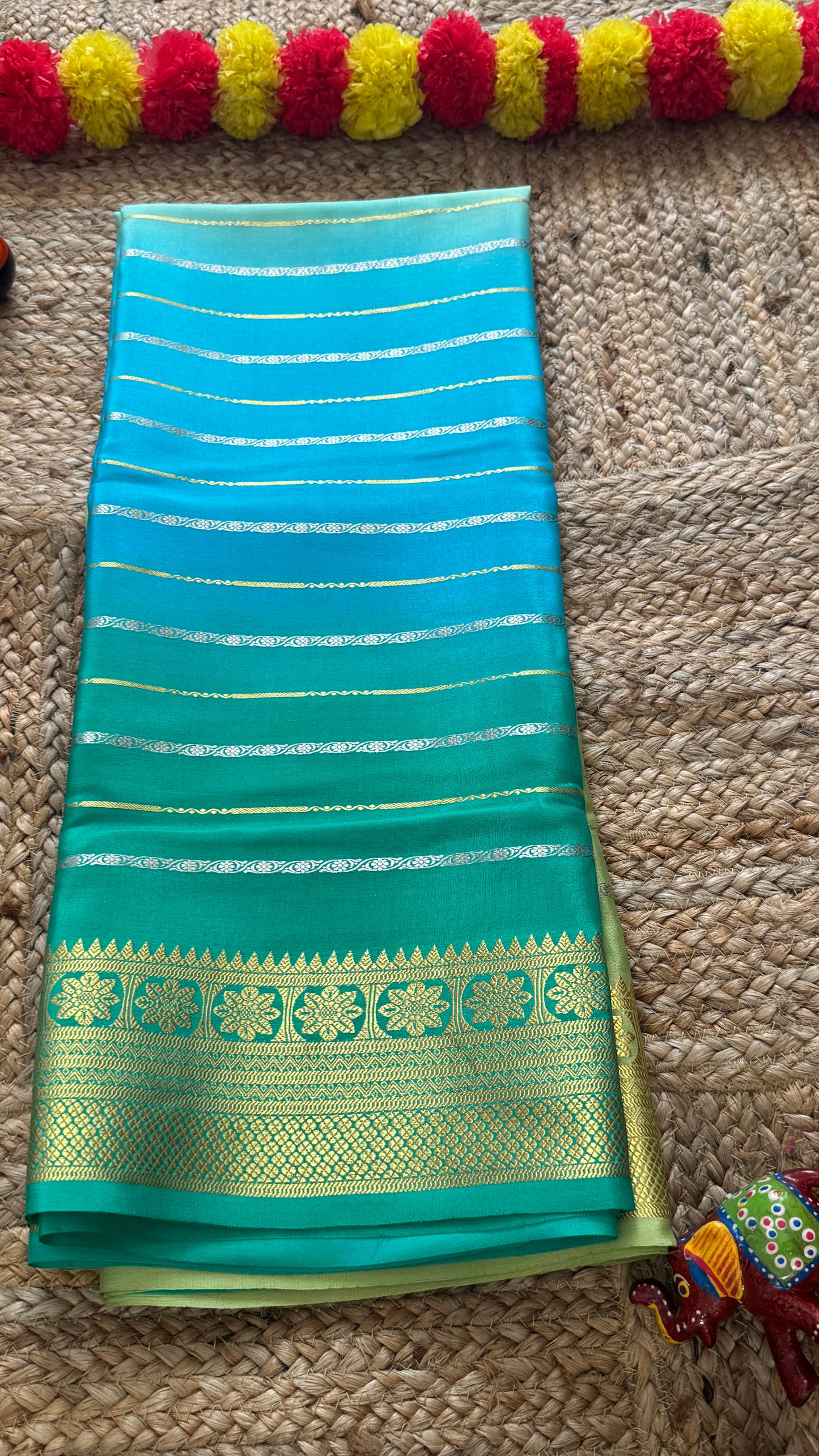 Pure Mysore Silk Sarees - Bespoke Brush Dyeing - Blue to Green