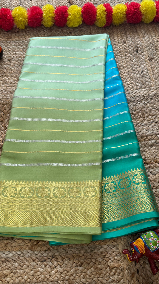 Pure Mysore Silk Sarees - Bespoke Brush Dyeing - Blue to Green