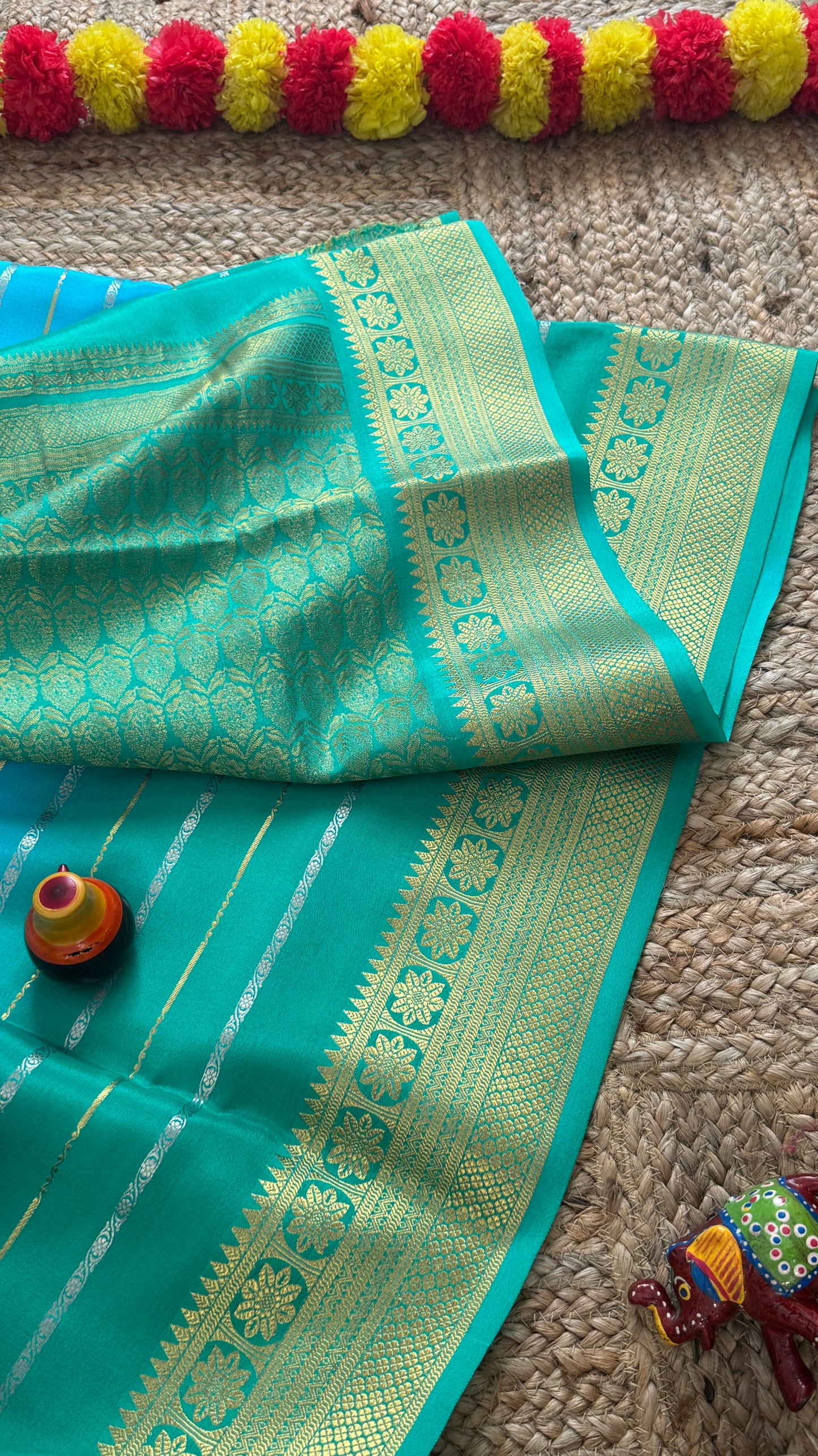 Pure Mysore Silk Sarees - Bespoke Brush Dyeing - Blue to Green