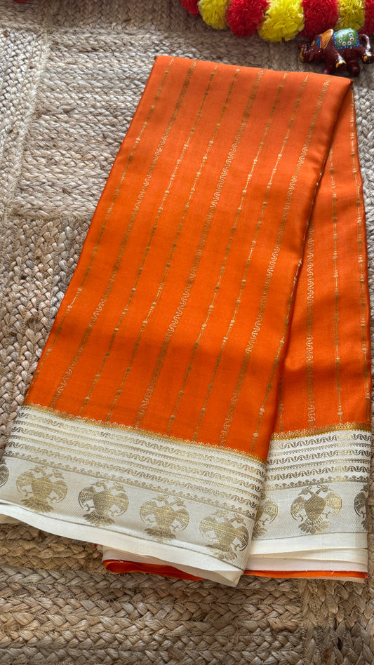 Pure Mysore Silk Saree - Weft Lines Saree Orange with Cream Boarder