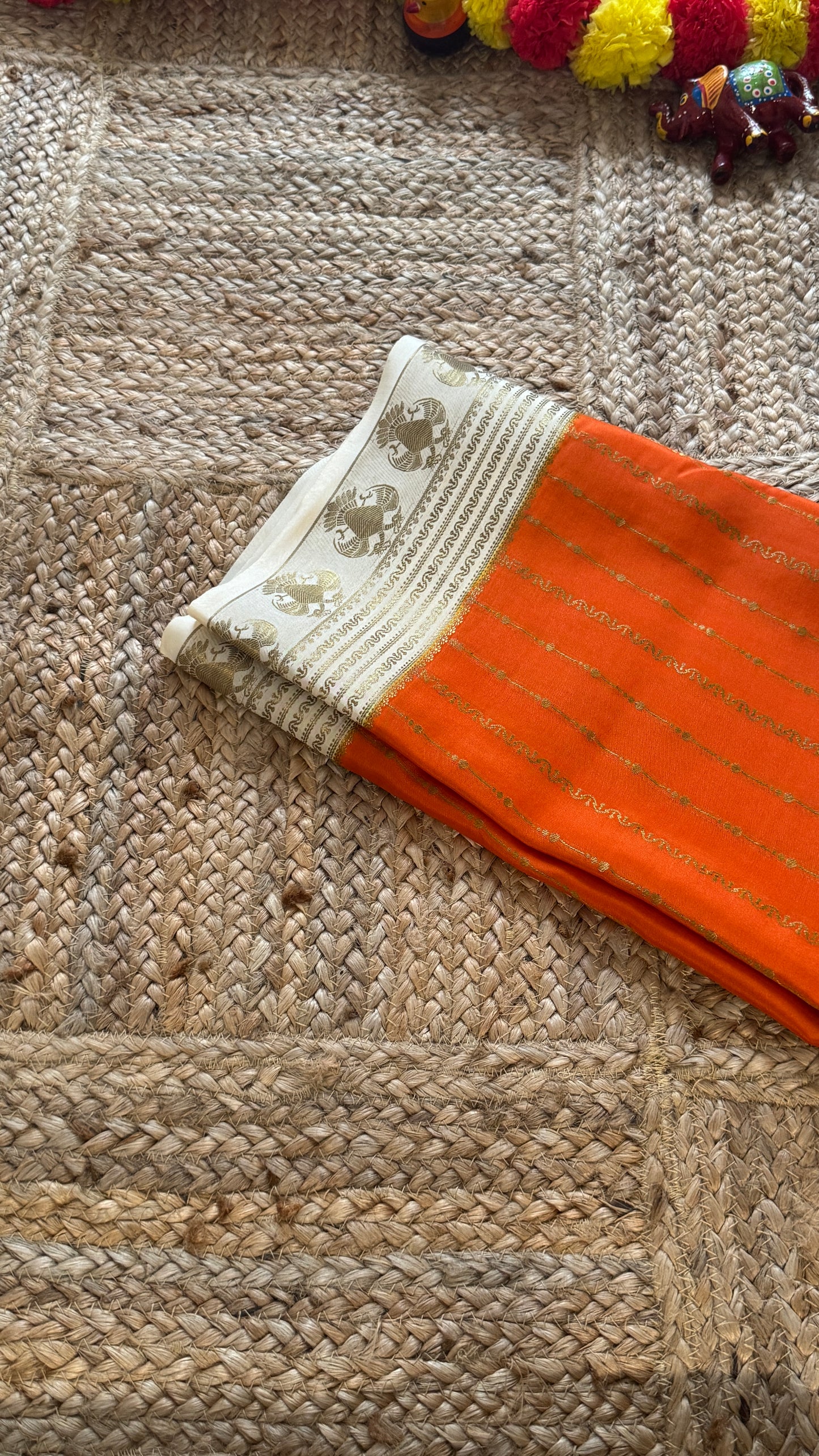 Pure Mysore Silk Saree - Weft Lines Saree Orange with Cream Boarder
