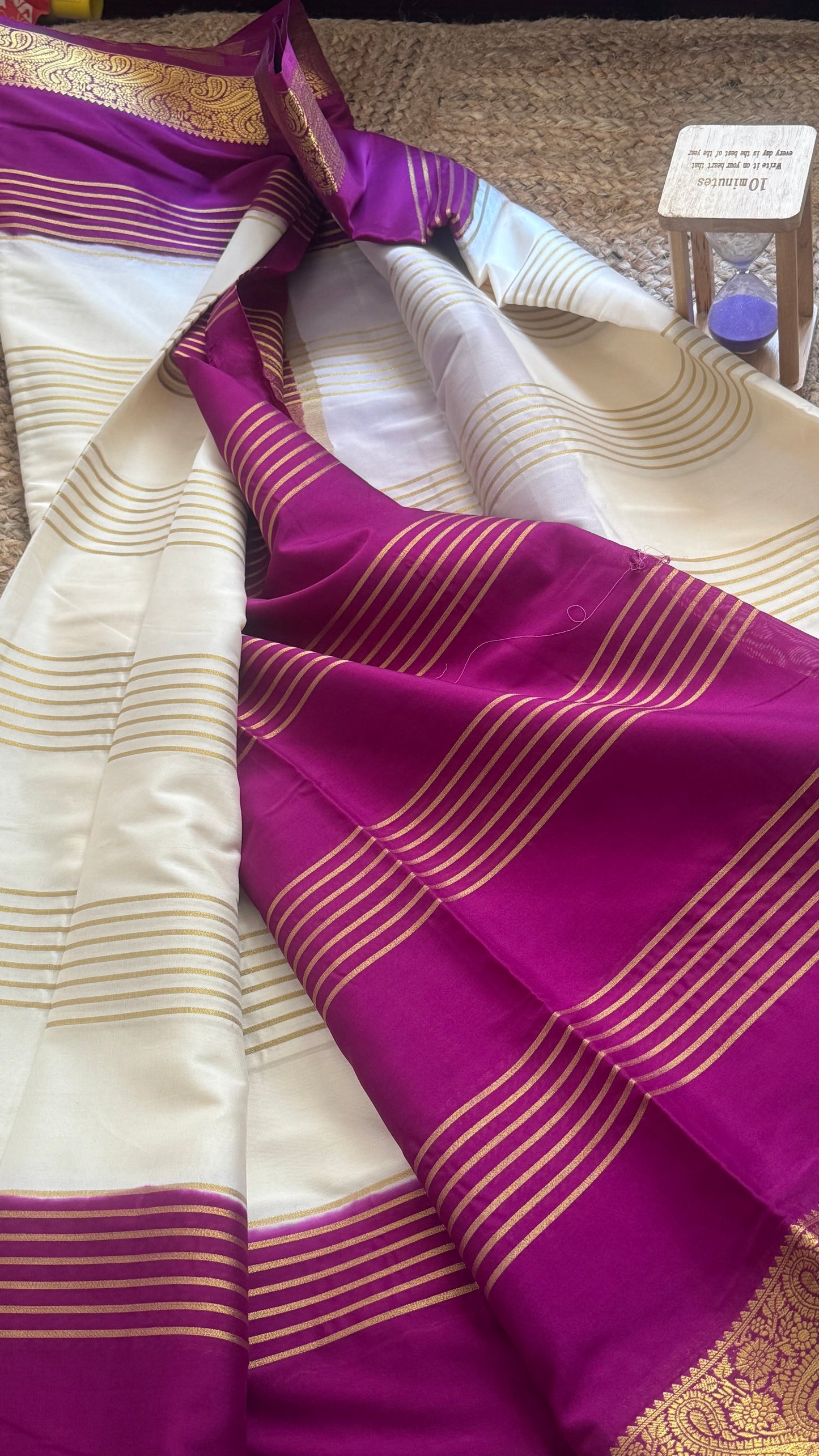 Semi Silk Saree - Cream and Purple