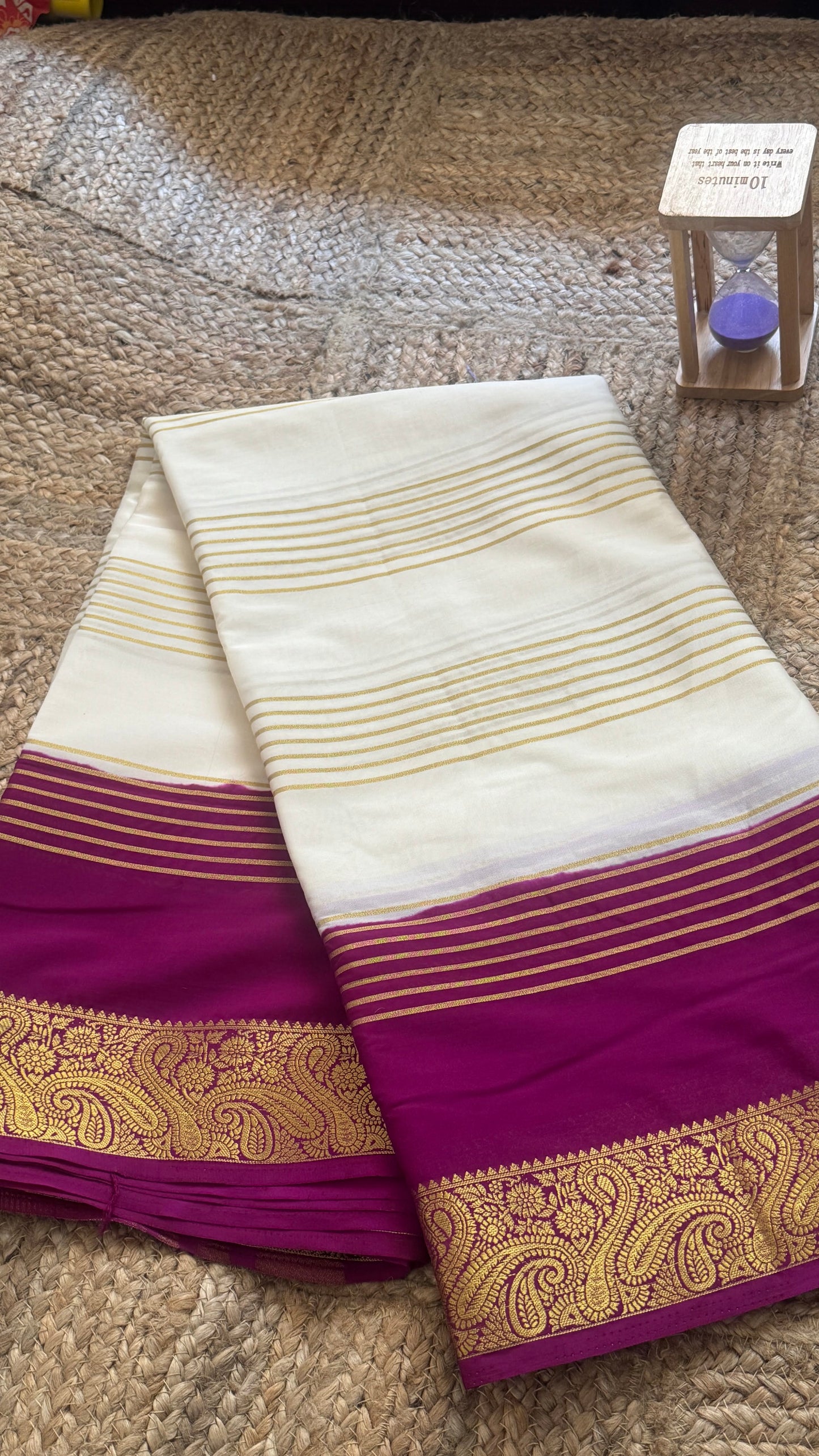 Semi Silk Saree - Cream and Purple