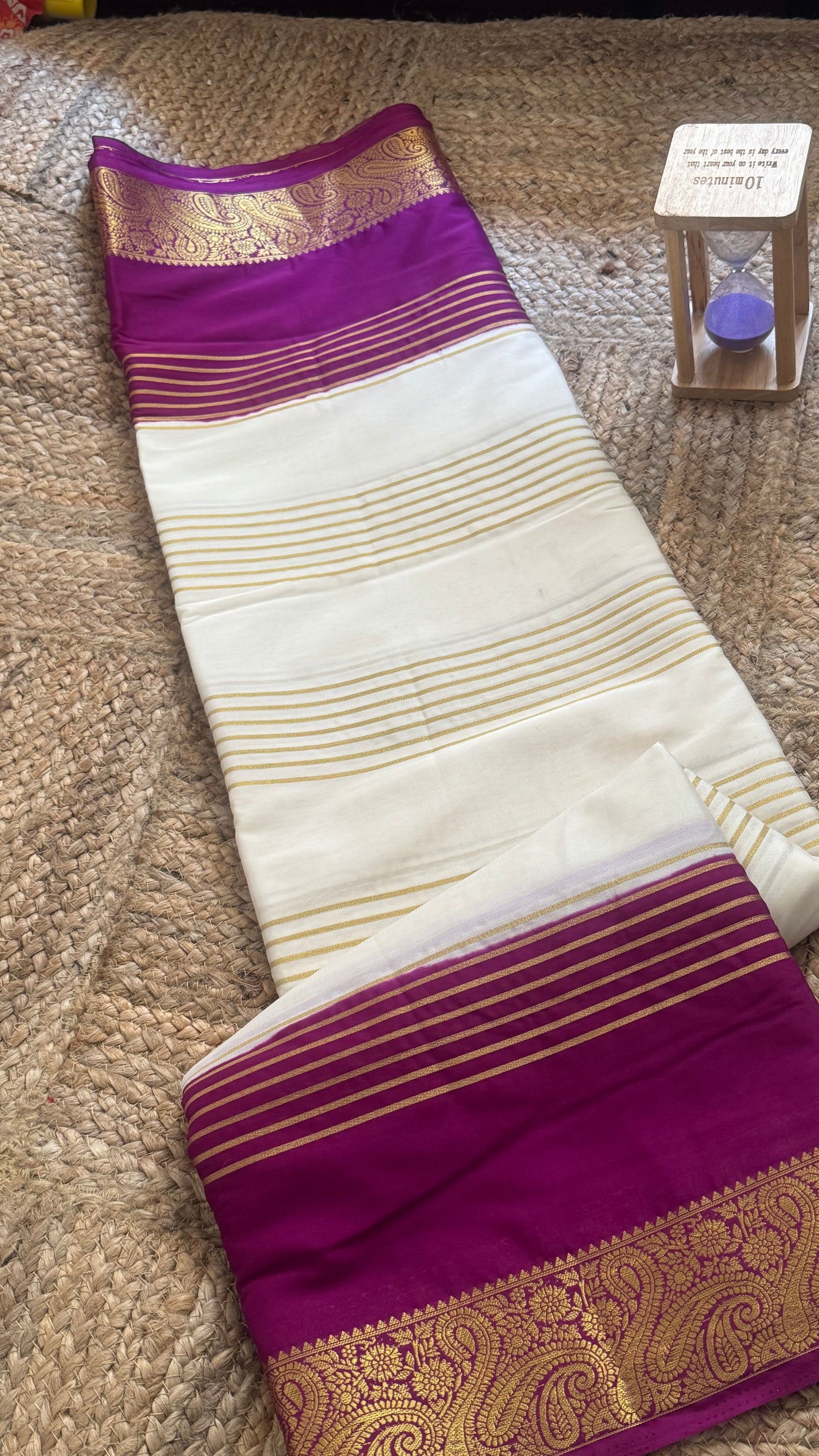 Semi Silk Saree - Cream and Purple