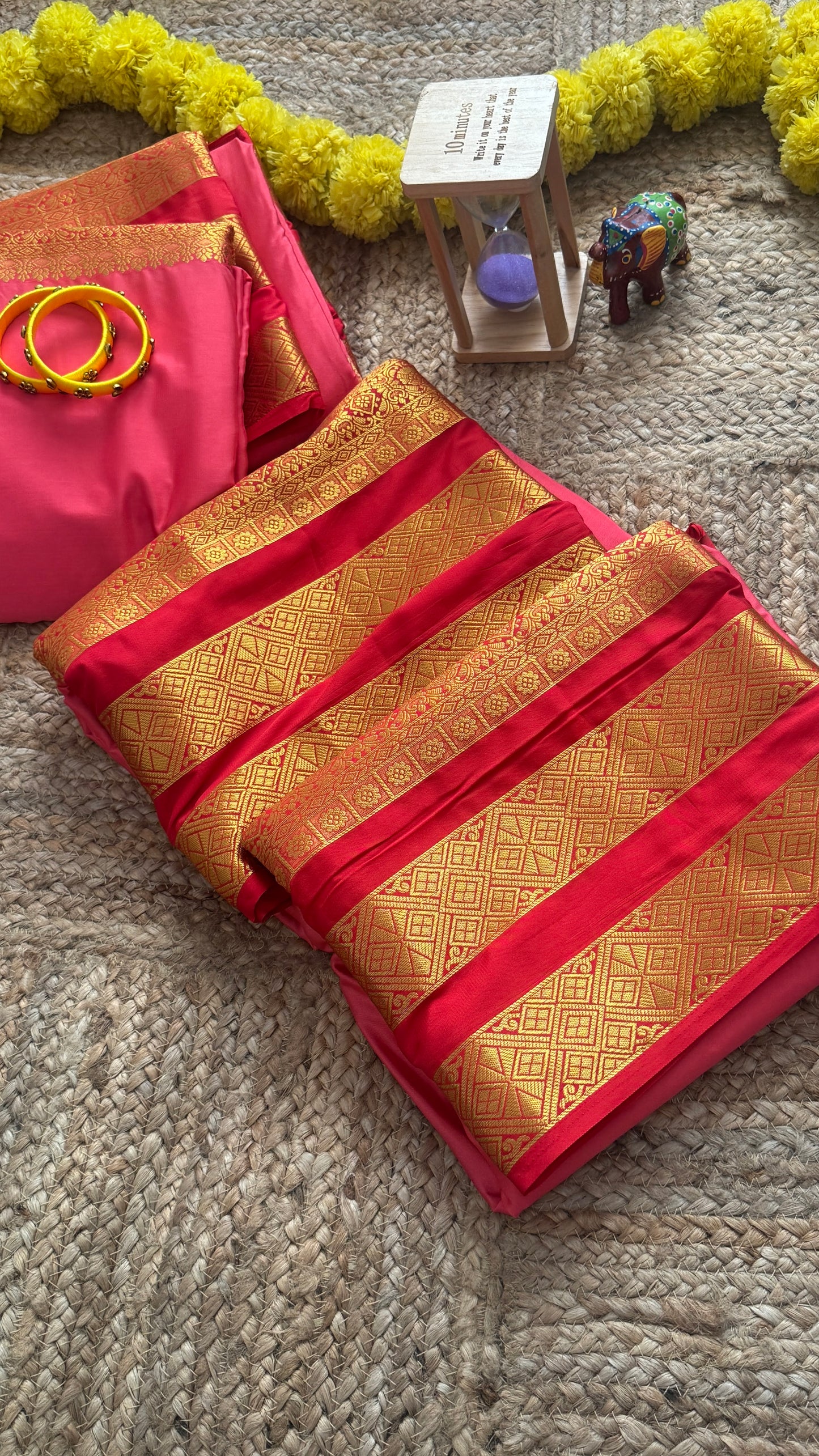 Semi Silk Saree - Peach and Red