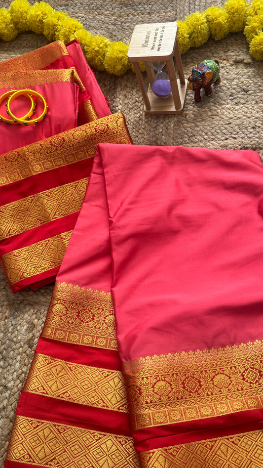 Semi Silk Saree - Peach and Red